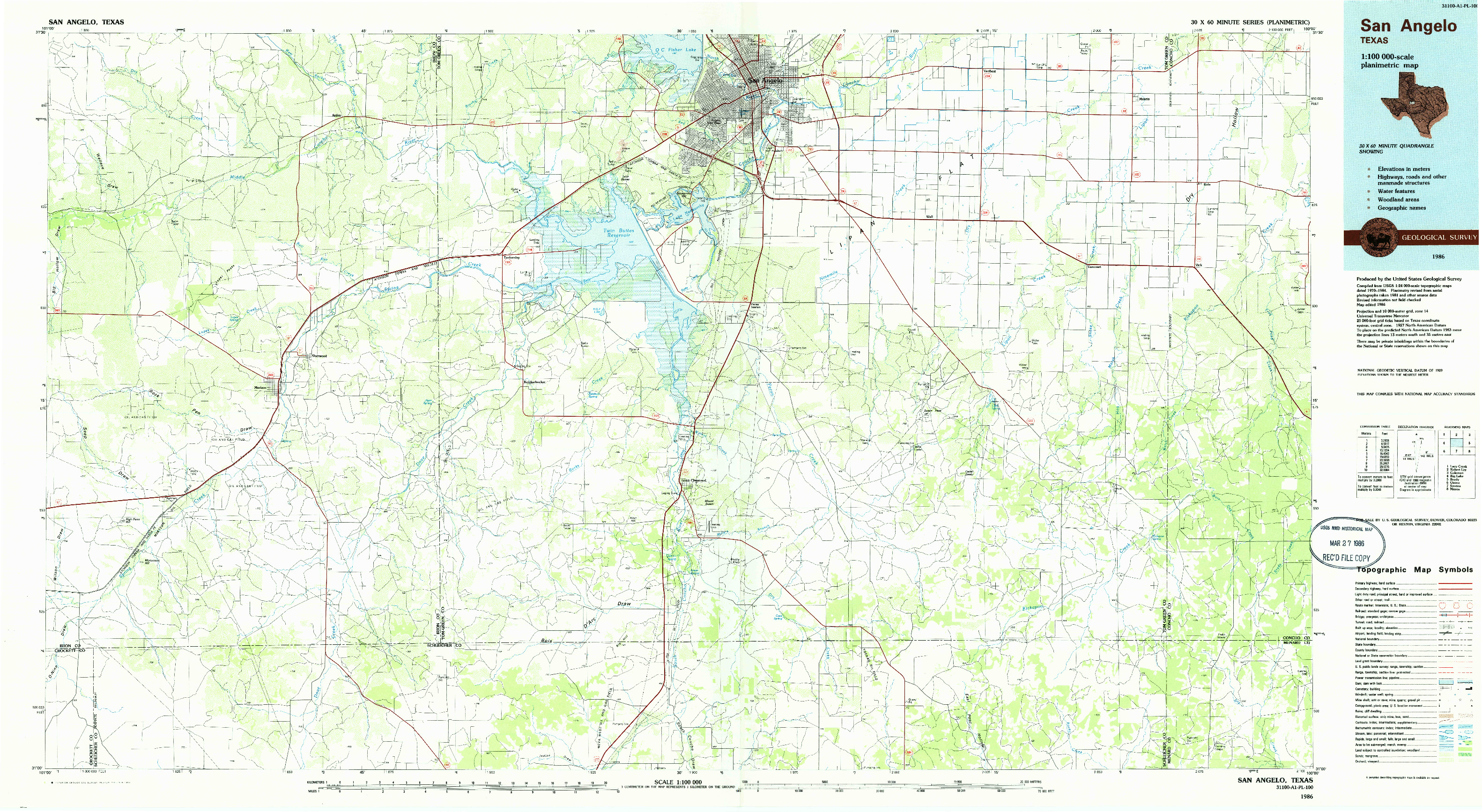 USGS 1:100000-SCALE QUADRANGLE FOR SAN ANGELO, TX 1986