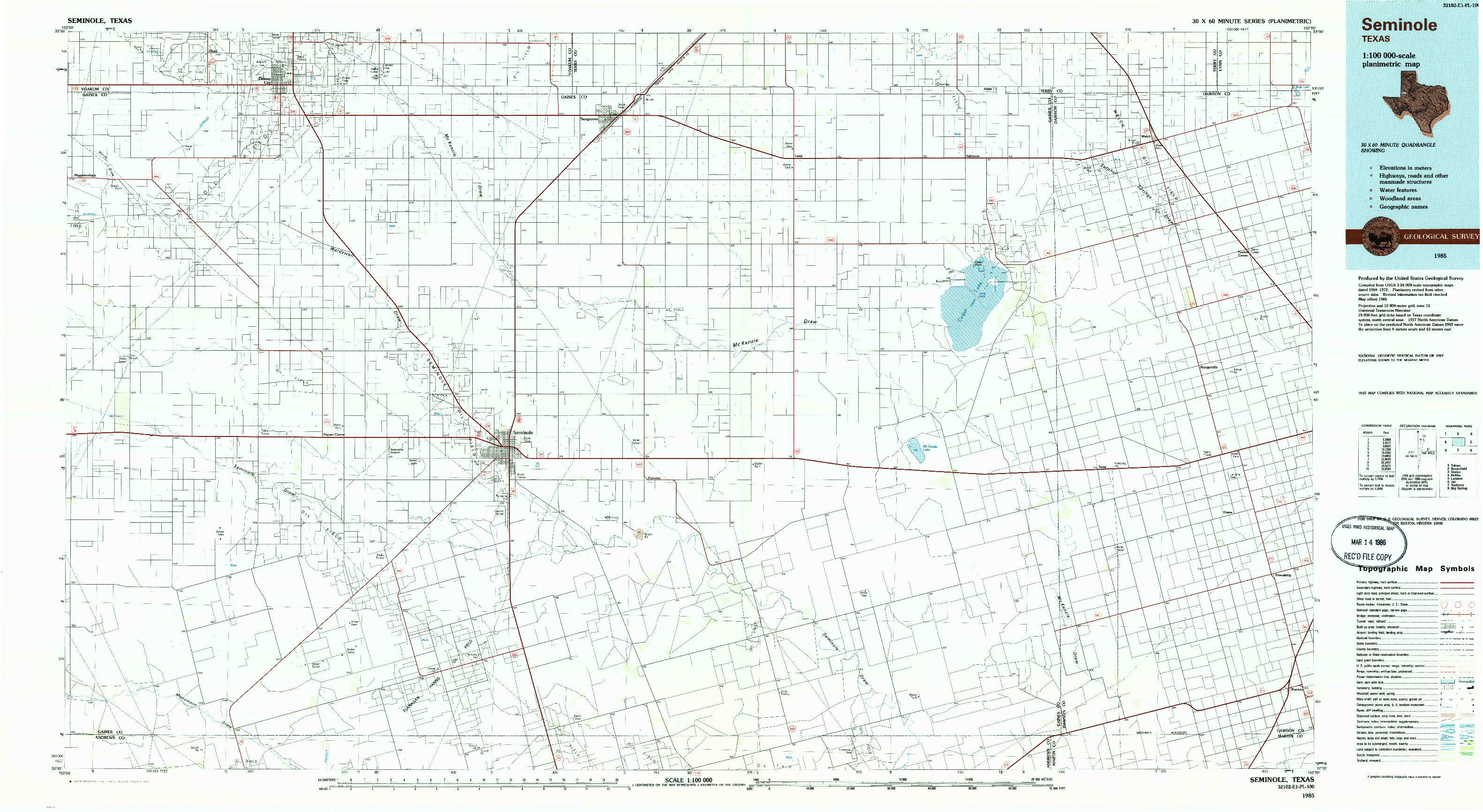 USGS 1:100000-SCALE QUADRANGLE FOR SEMINOLE, TX 1985