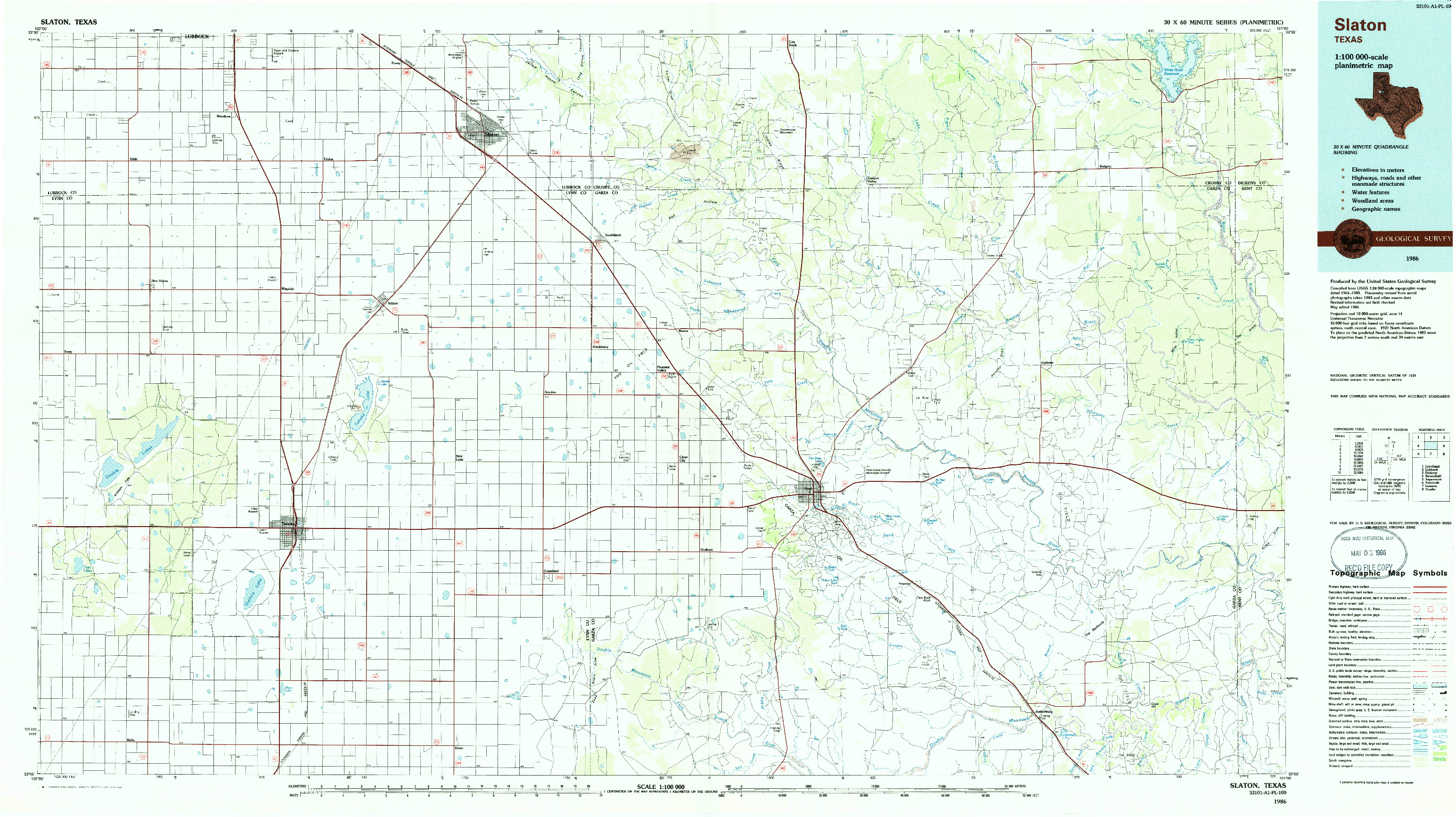 USGS 1:100000-SCALE QUADRANGLE FOR SLATON, TX 1986