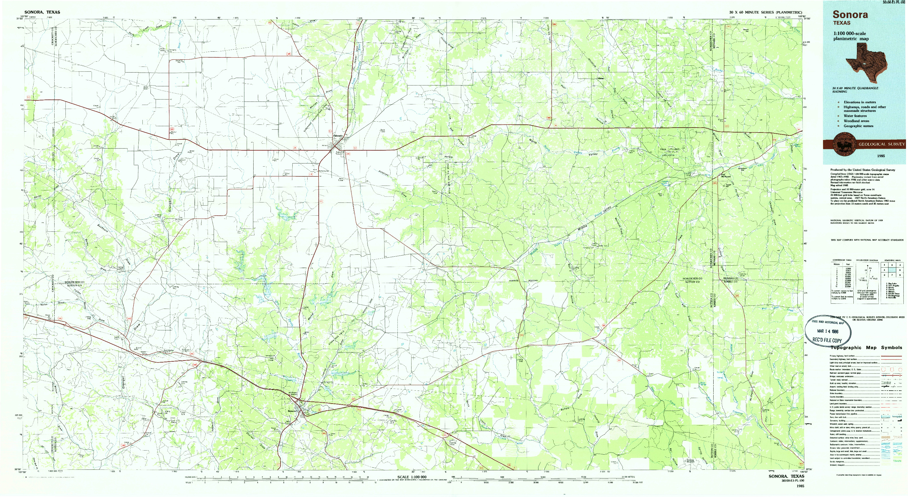 USGS 1:100000-SCALE QUADRANGLE FOR SONORA, TX 1985