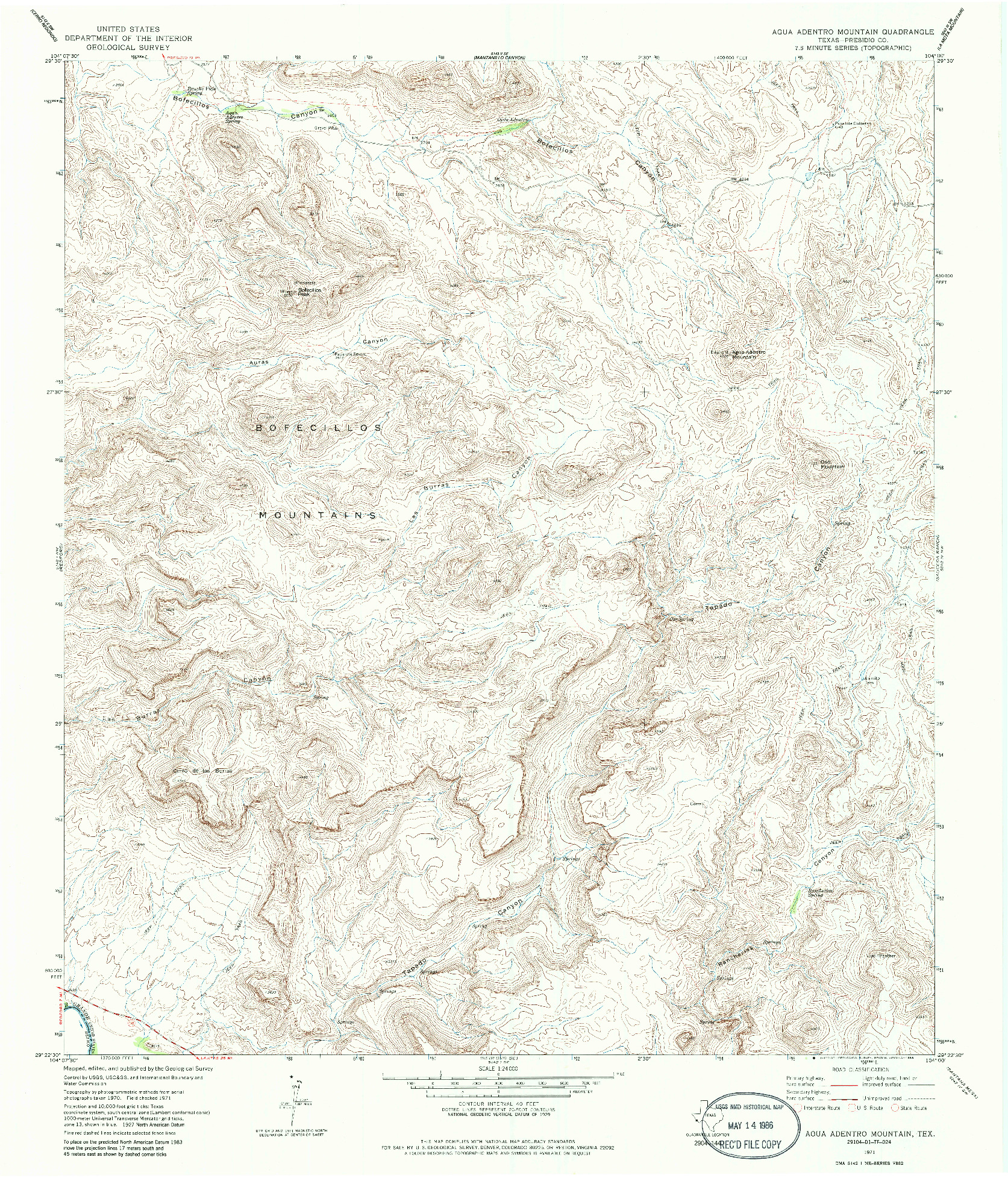 USGS 1:24000-SCALE QUADRANGLE FOR AGUA ADENTRO MOUNTAIN, TX 1971
