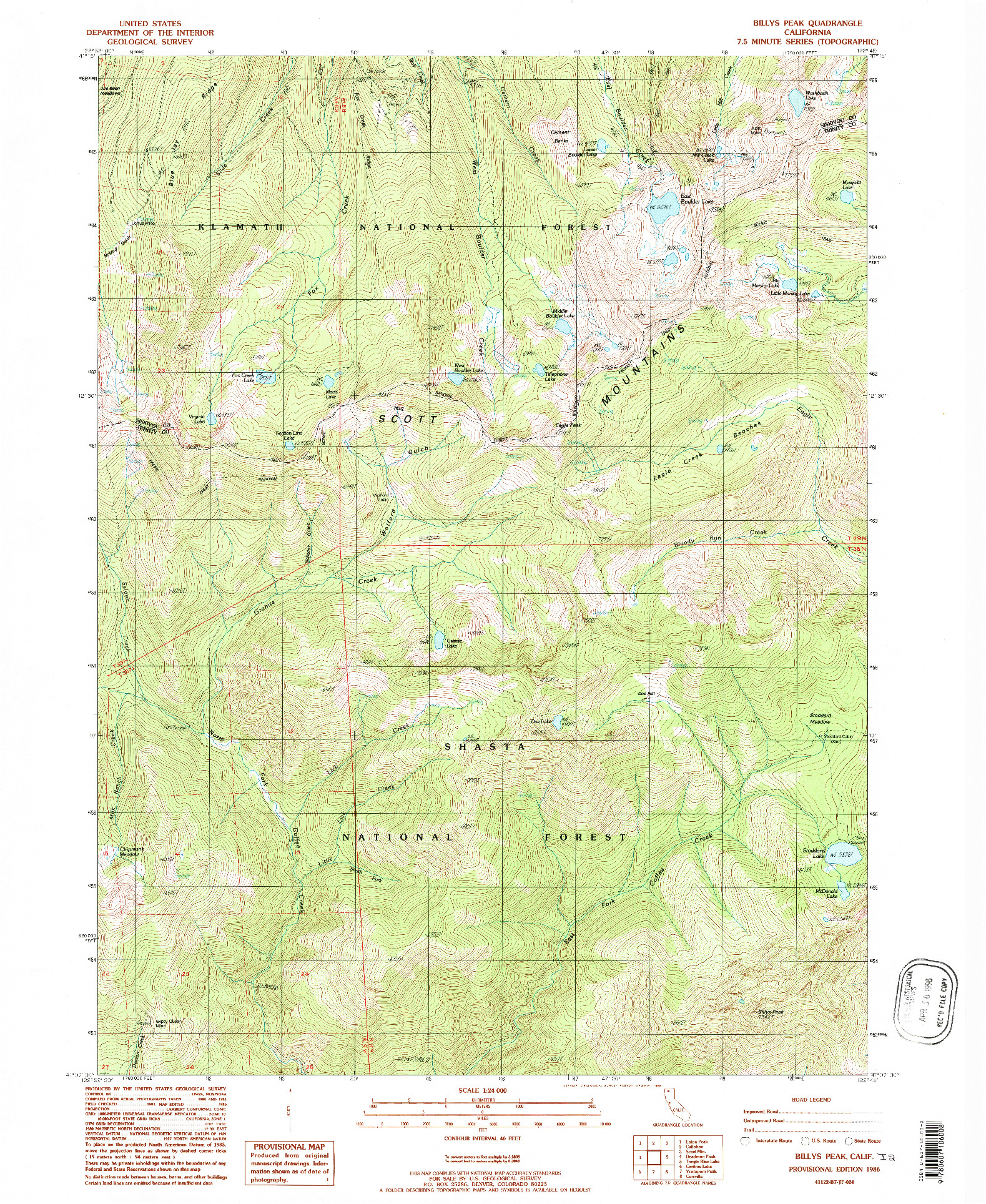 USGS 1:24000-SCALE QUADRANGLE FOR BILLYS PEAK, CA 1986