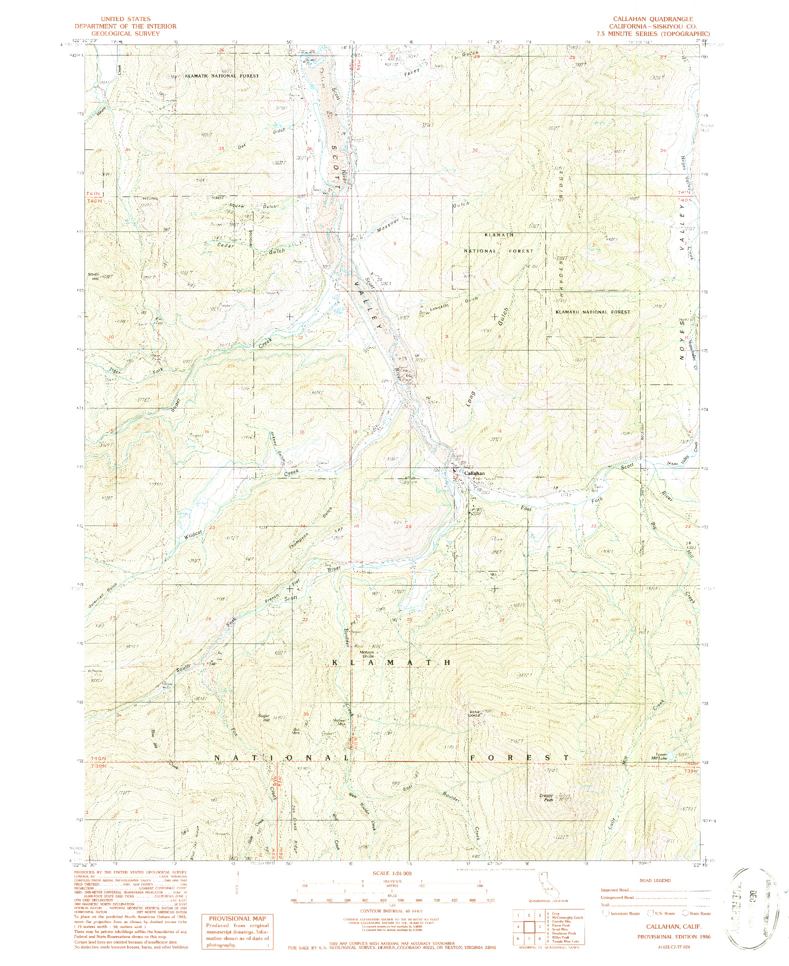 USGS 1:24000-SCALE QUADRANGLE FOR CALLAHAN, CA 1986