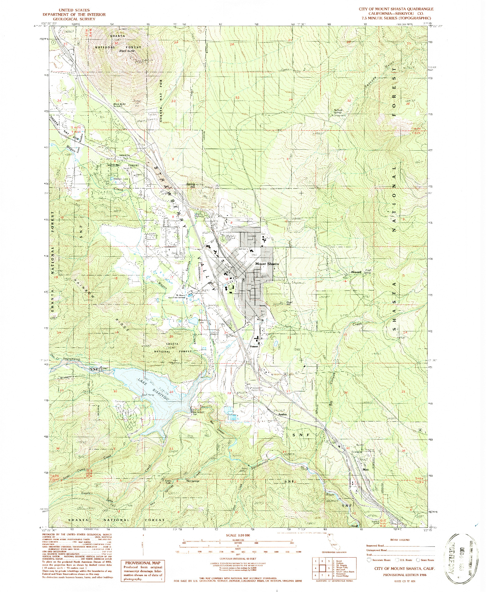 USGS 1:24000-SCALE QUADRANGLE FOR CITY OF MOUNT SHASTA, CA 1986