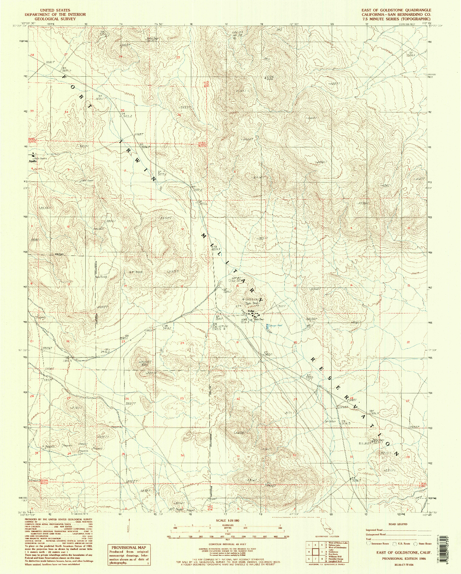 USGS 1:24000-SCALE QUADRANGLE FOR EAST OF GOLDSTONE, CA 1986