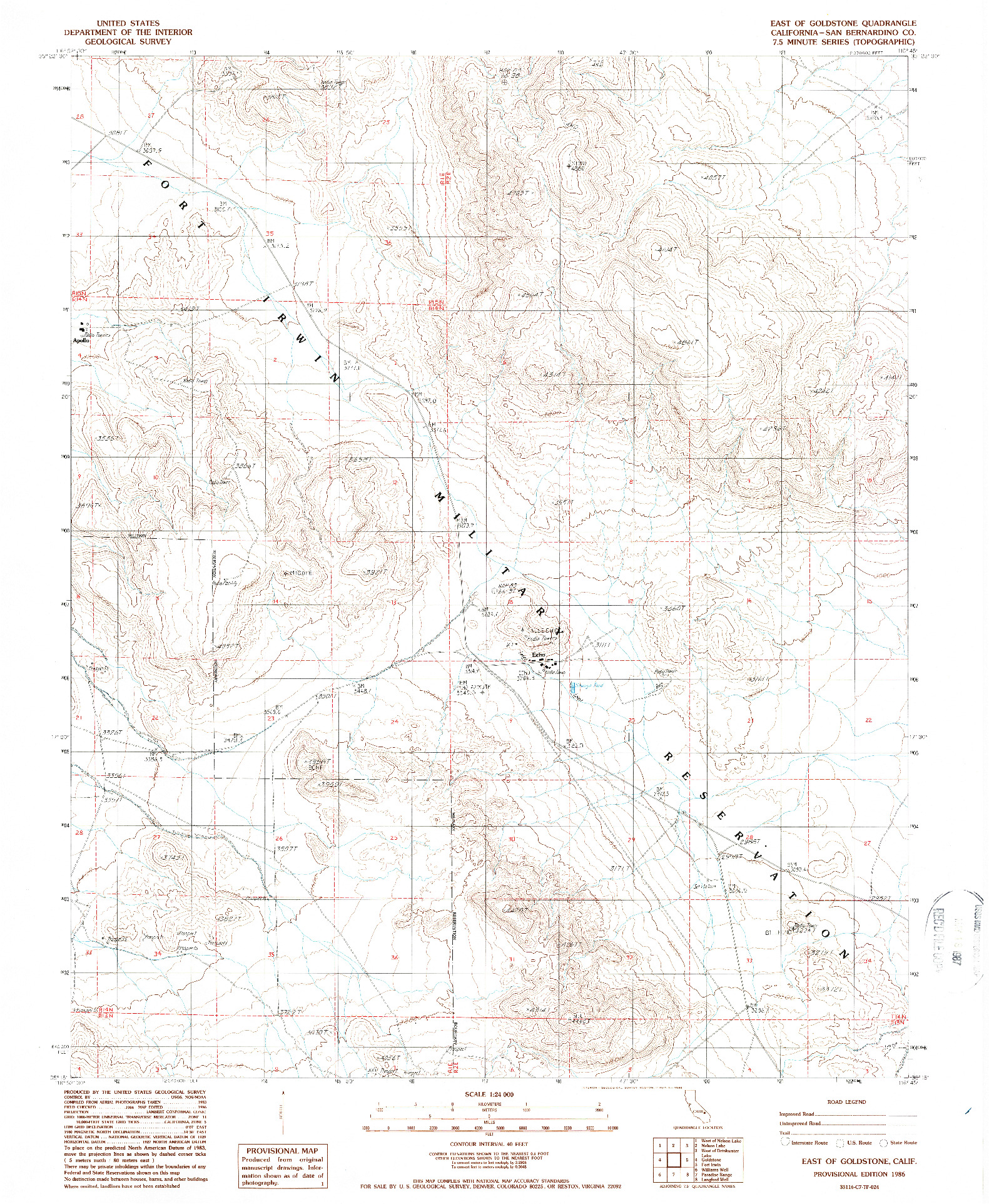 USGS 1:24000-SCALE QUADRANGLE FOR EAST OF GOLDSTONE, CA 1986