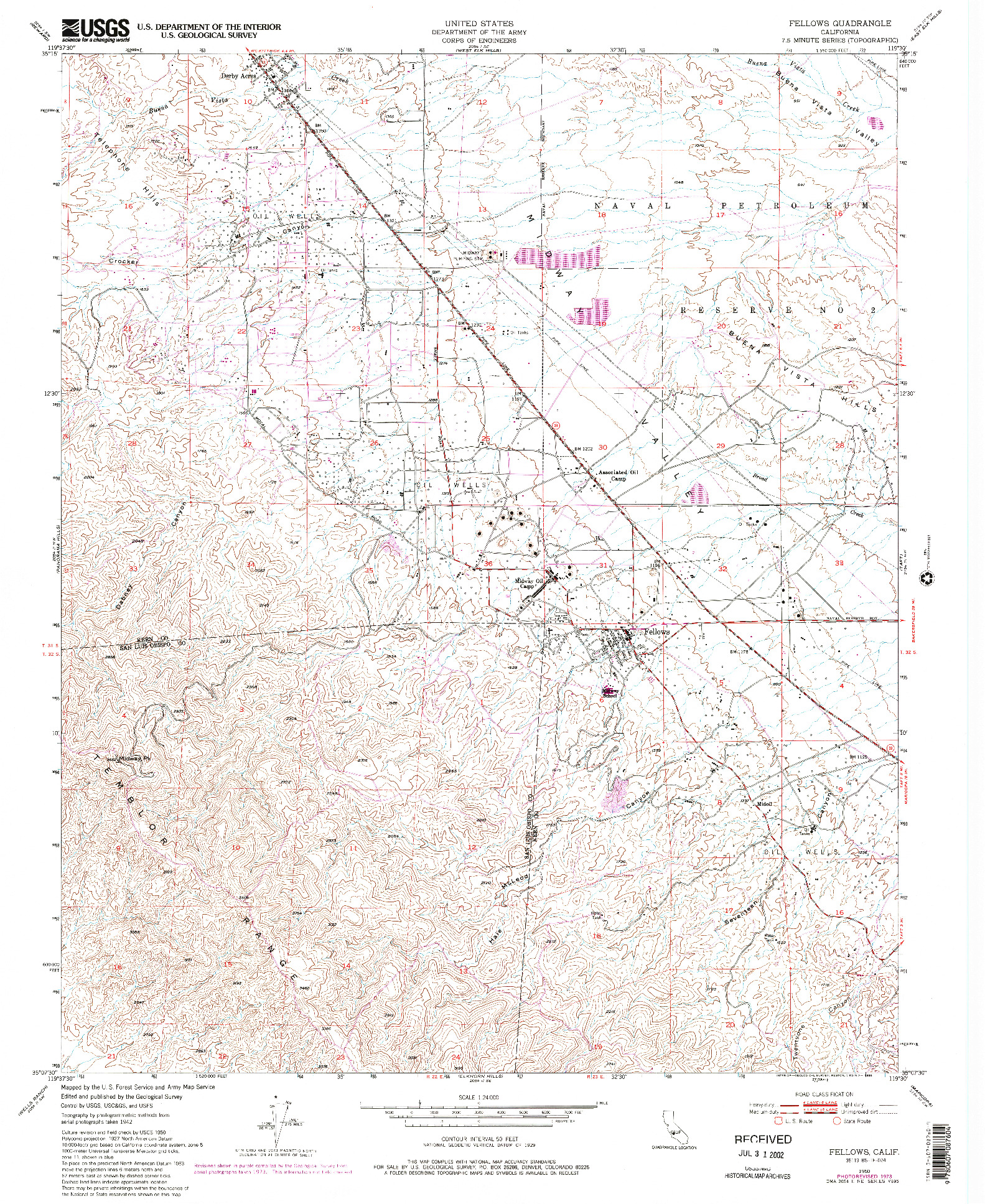 USGS 1:24000-SCALE QUADRANGLE FOR FELLOWS, CA 1950