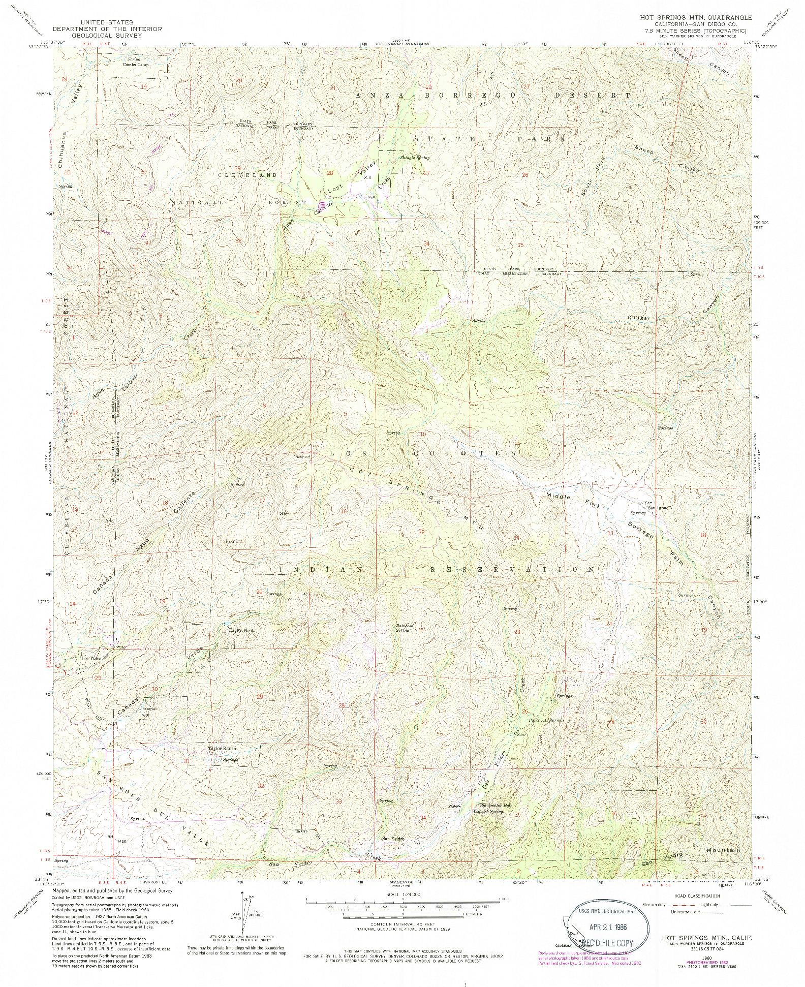 USGS 1:24000-SCALE QUADRANGLE FOR HOT SPRINGS MTN., CA 1960