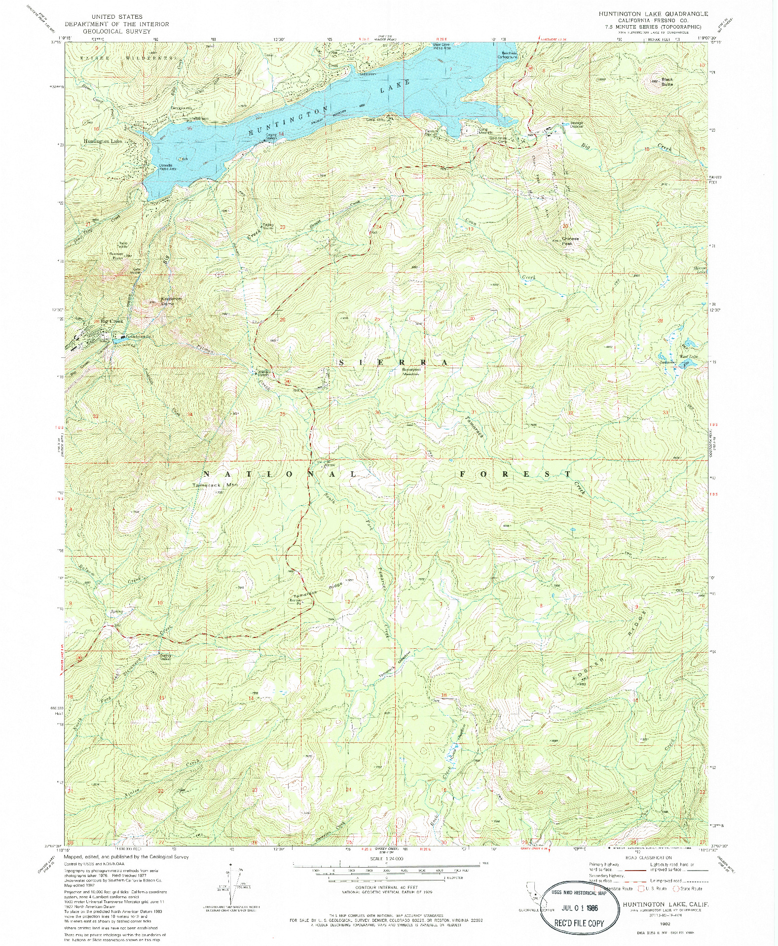 USGS 1:24000-SCALE QUADRANGLE FOR HUNTINGTON LAKE, CA 1982