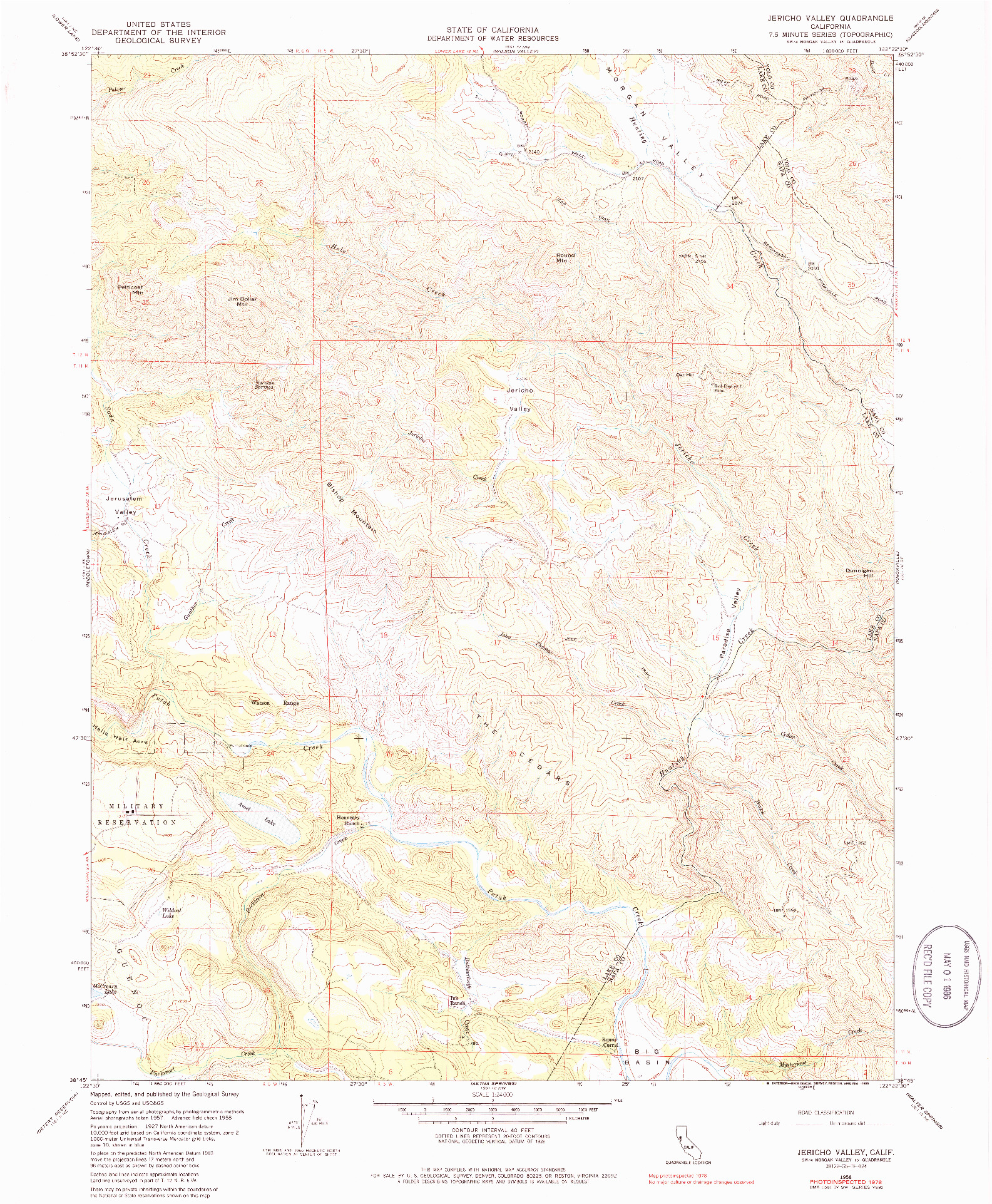 USGS 1:24000-SCALE QUADRANGLE FOR JERICHO VALLEY, CA 1958