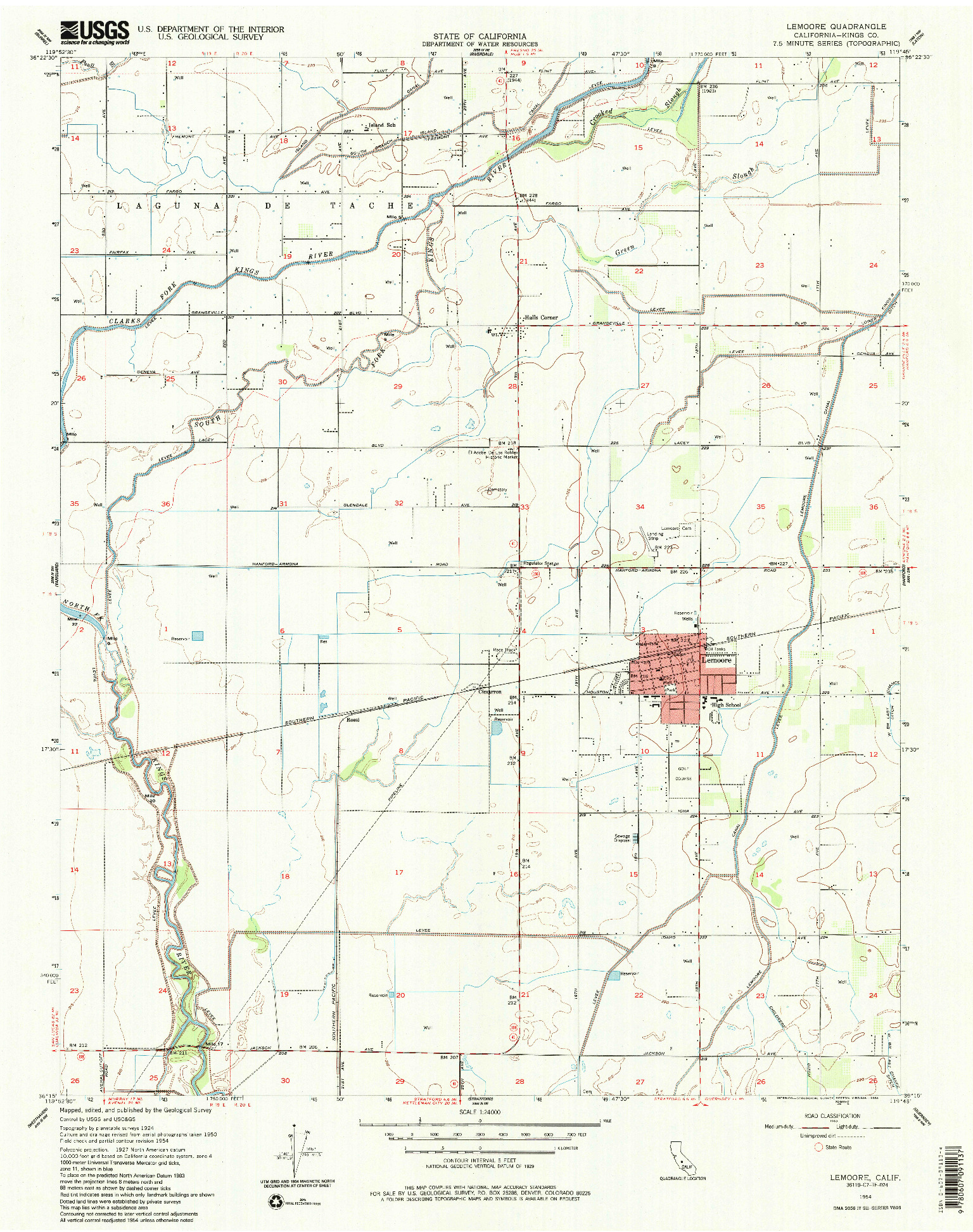 USGS 1:24000-SCALE QUADRANGLE FOR LEMOORE, CA 1954