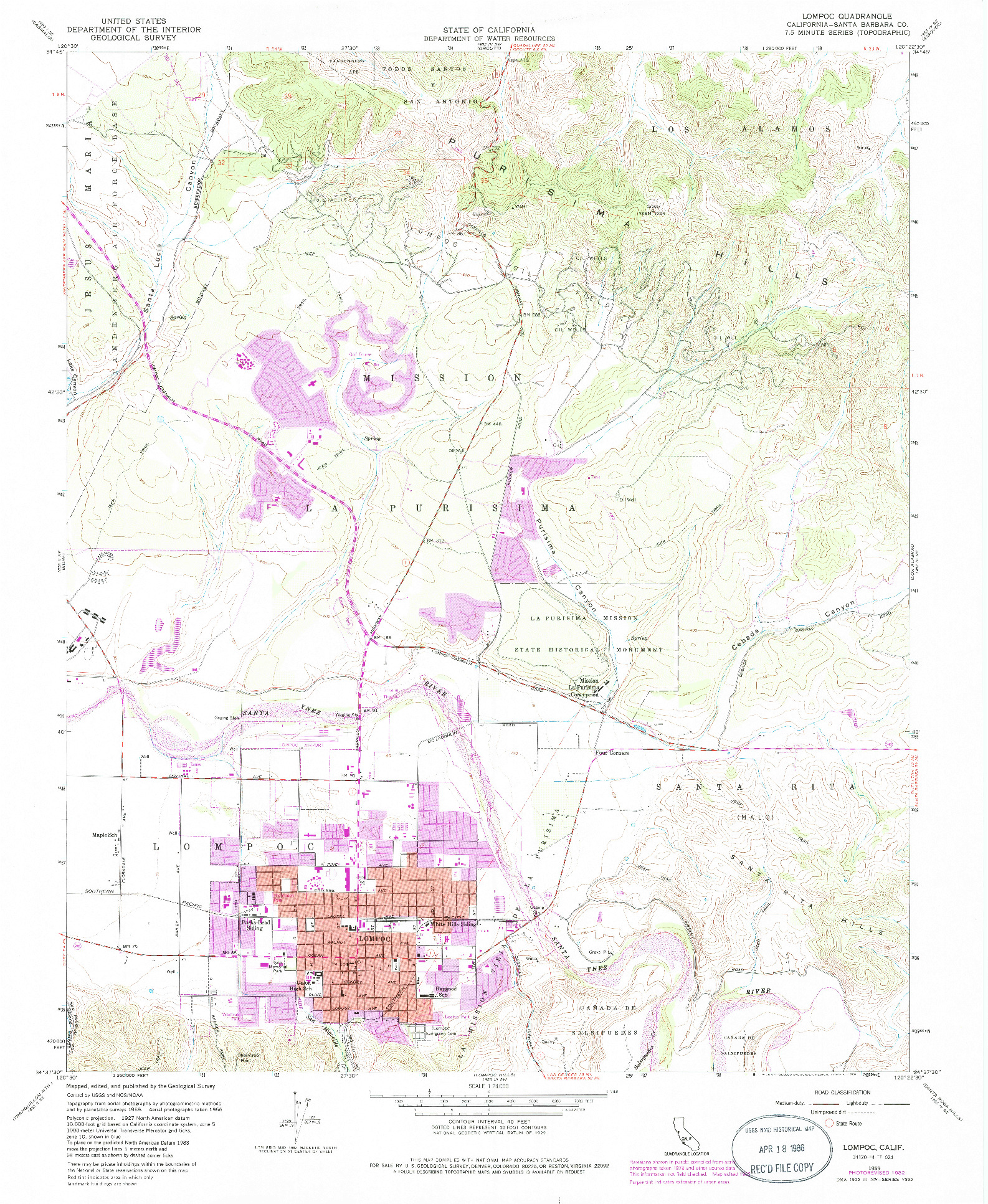 USGS 1:24000-SCALE QUADRANGLE FOR LOMPOC, CA 1959