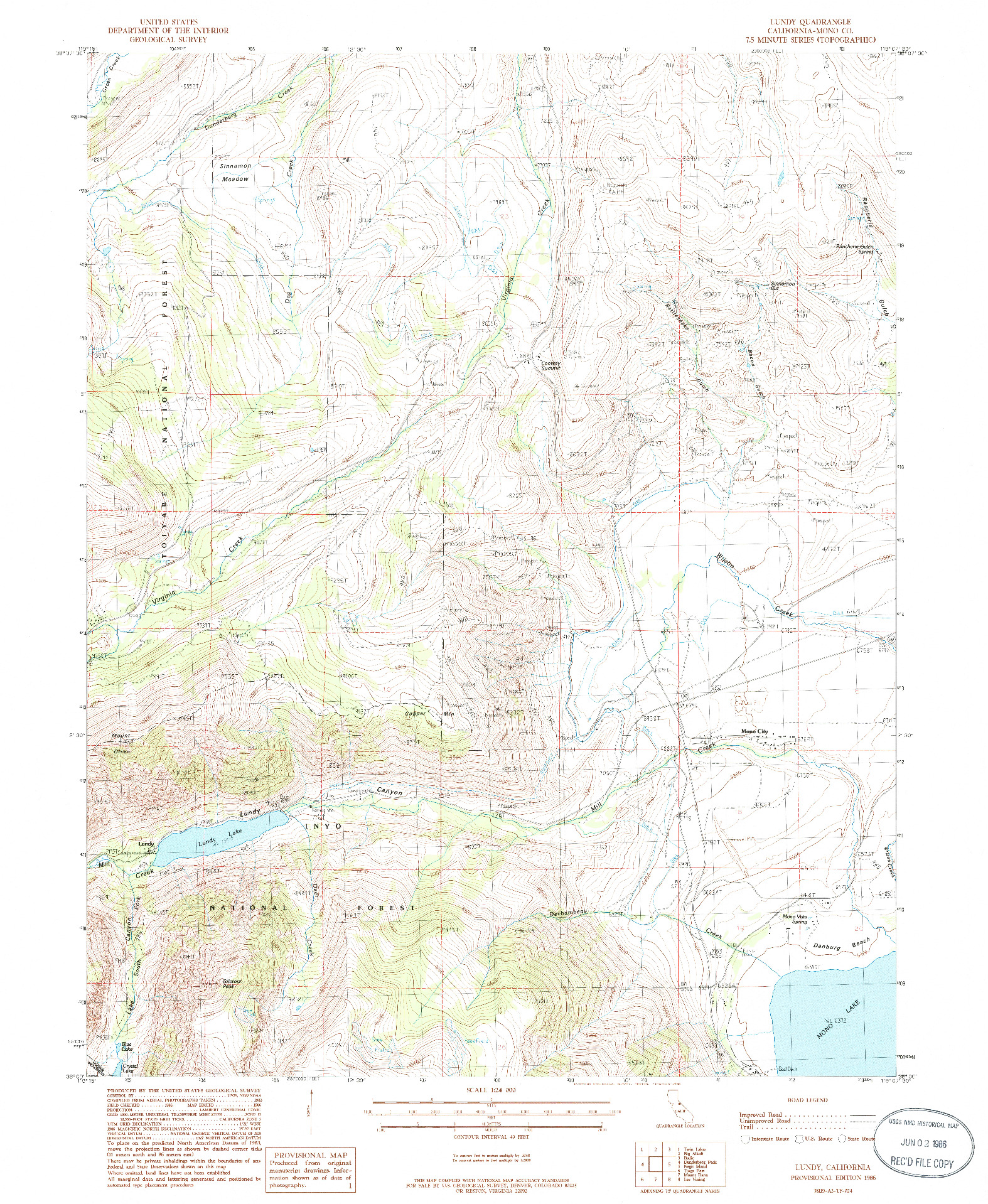 USGS 1:24000-SCALE QUADRANGLE FOR LUNDY, CA 1986