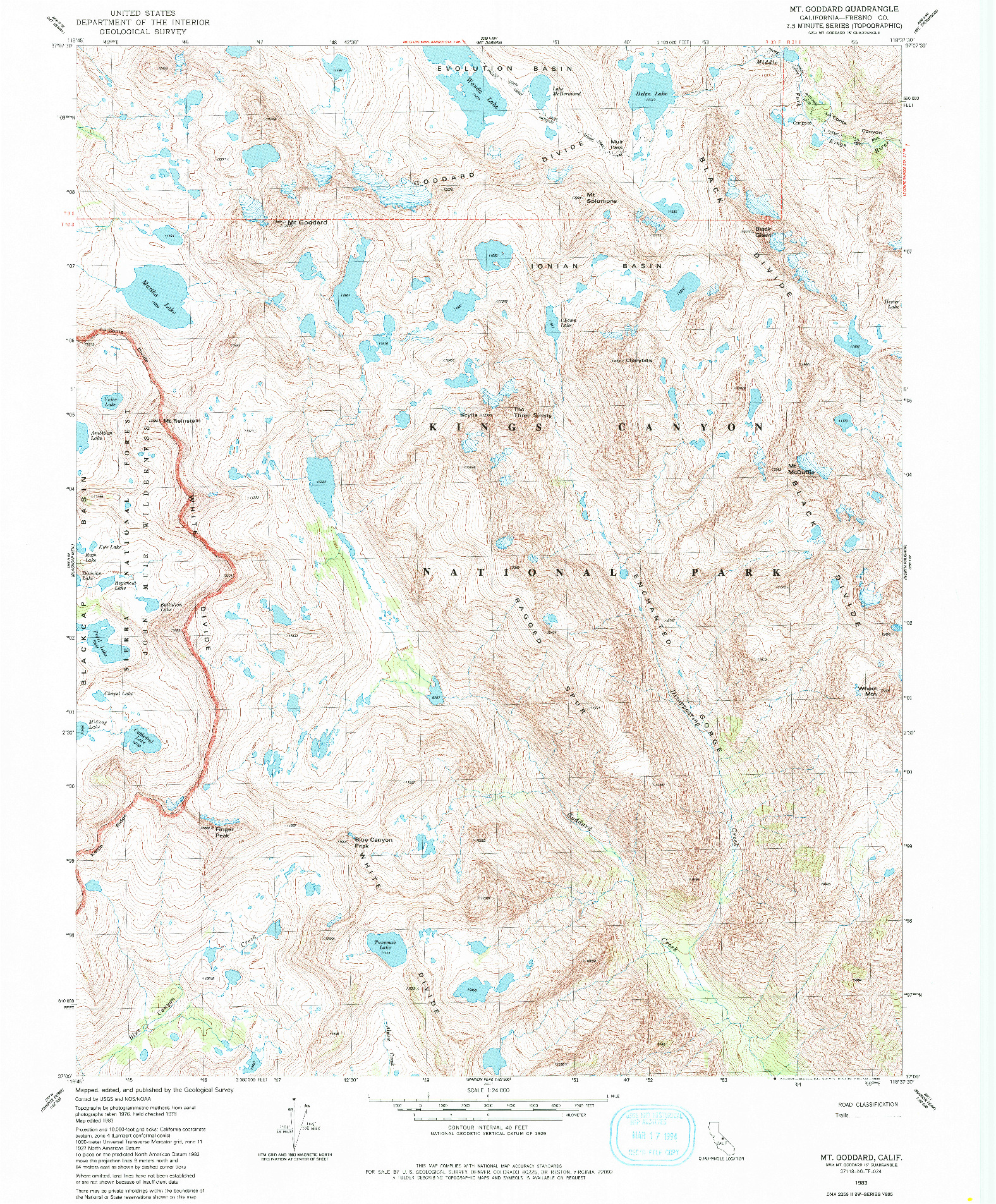 USGS 1:24000-SCALE QUADRANGLE FOR MT. GODDARD, CA 1983