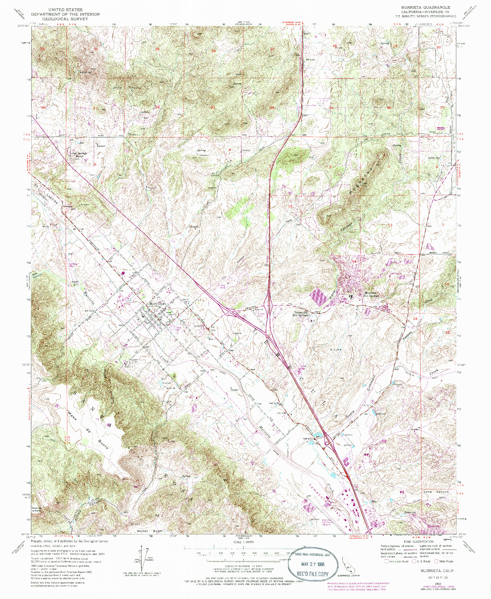 USGS 1:24000-SCALE QUADRANGLE FOR MURRIETA, CA 1953
