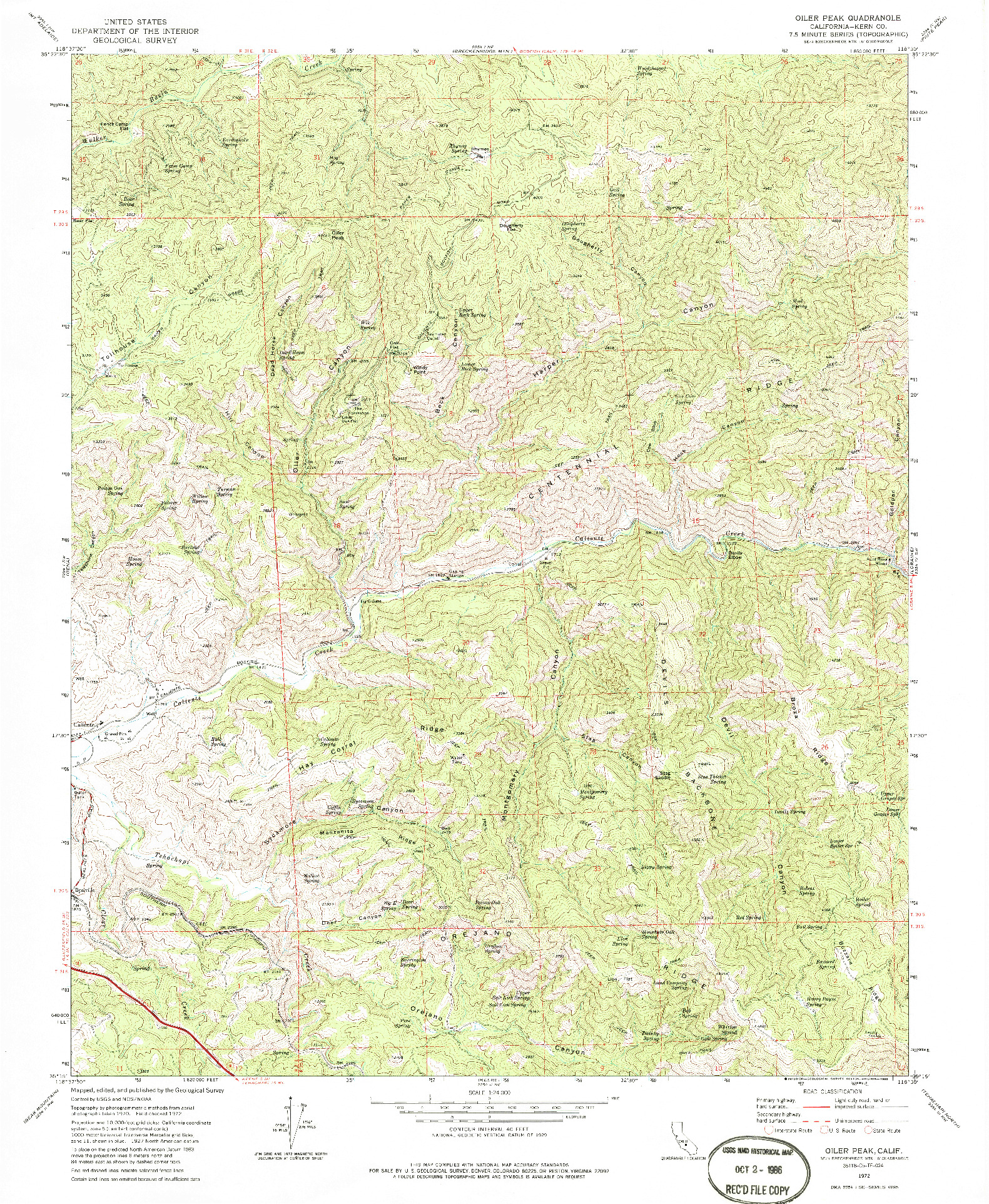 USGS 1:24000-SCALE QUADRANGLE FOR OILER PEAK, CA 1972