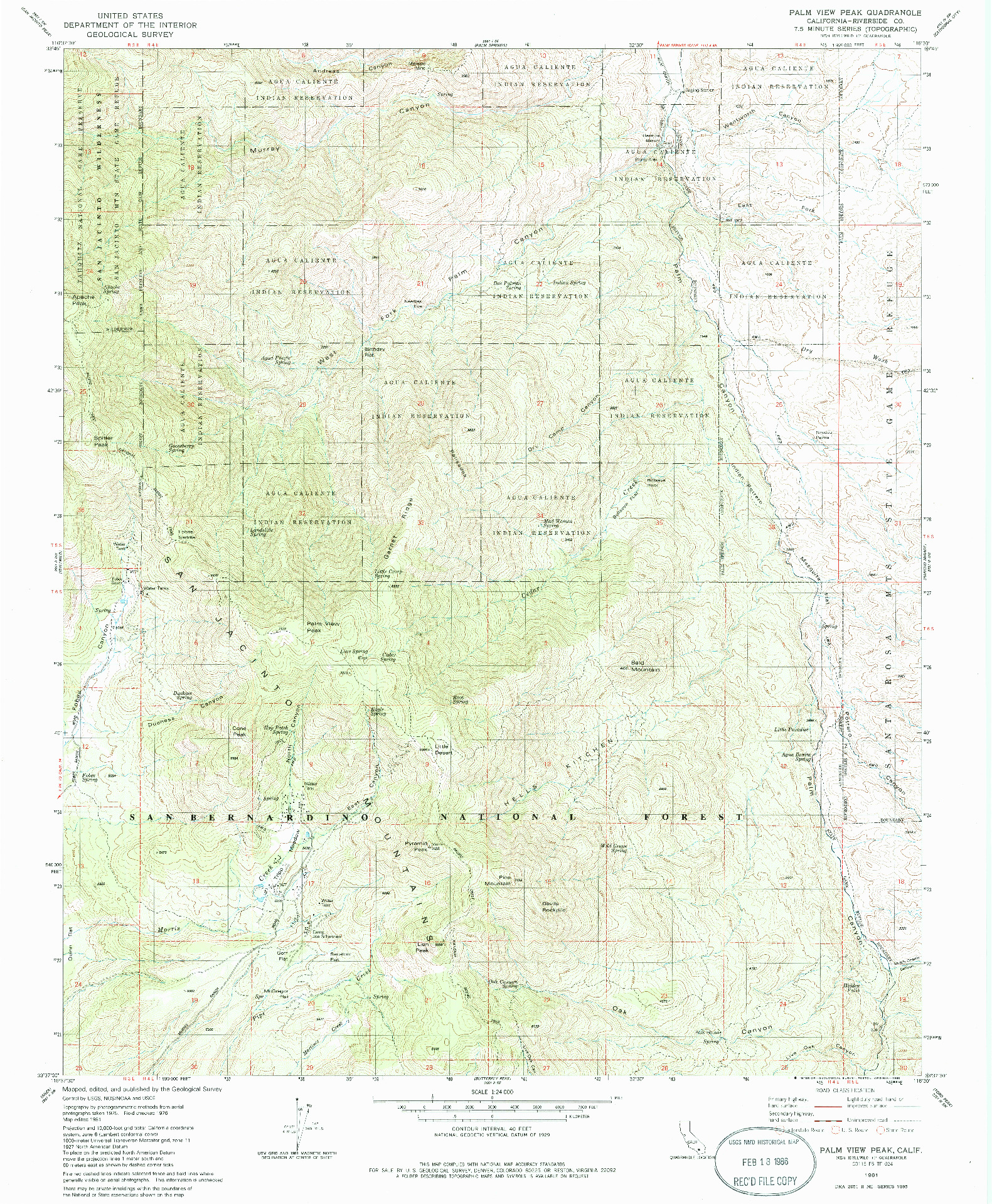 USGS 1:24000-SCALE QUADRANGLE FOR PALM VIEW PEAK, CA 1981