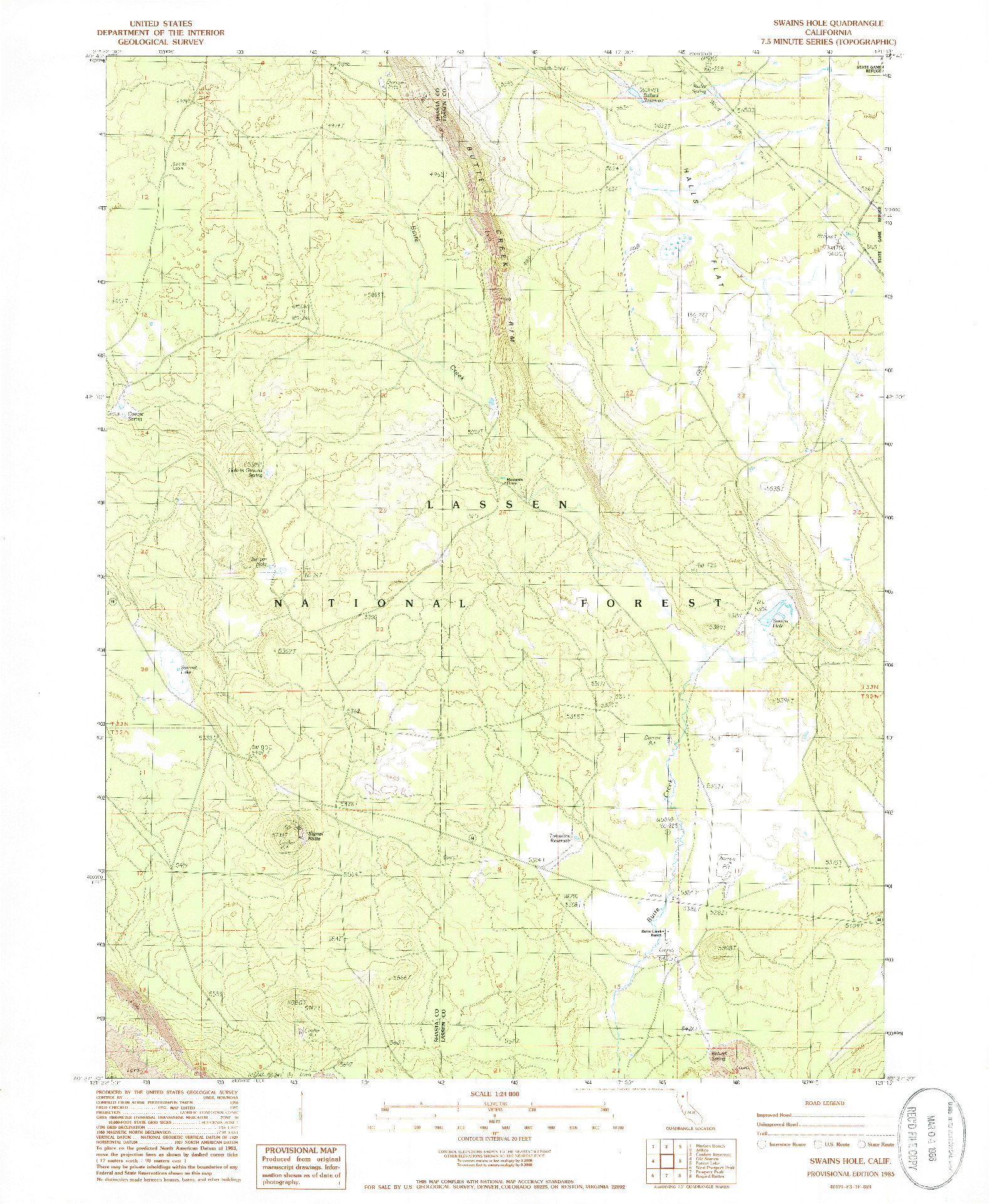 USGS 1:24000-SCALE QUADRANGLE FOR SWAINS HOLE, CA 1985