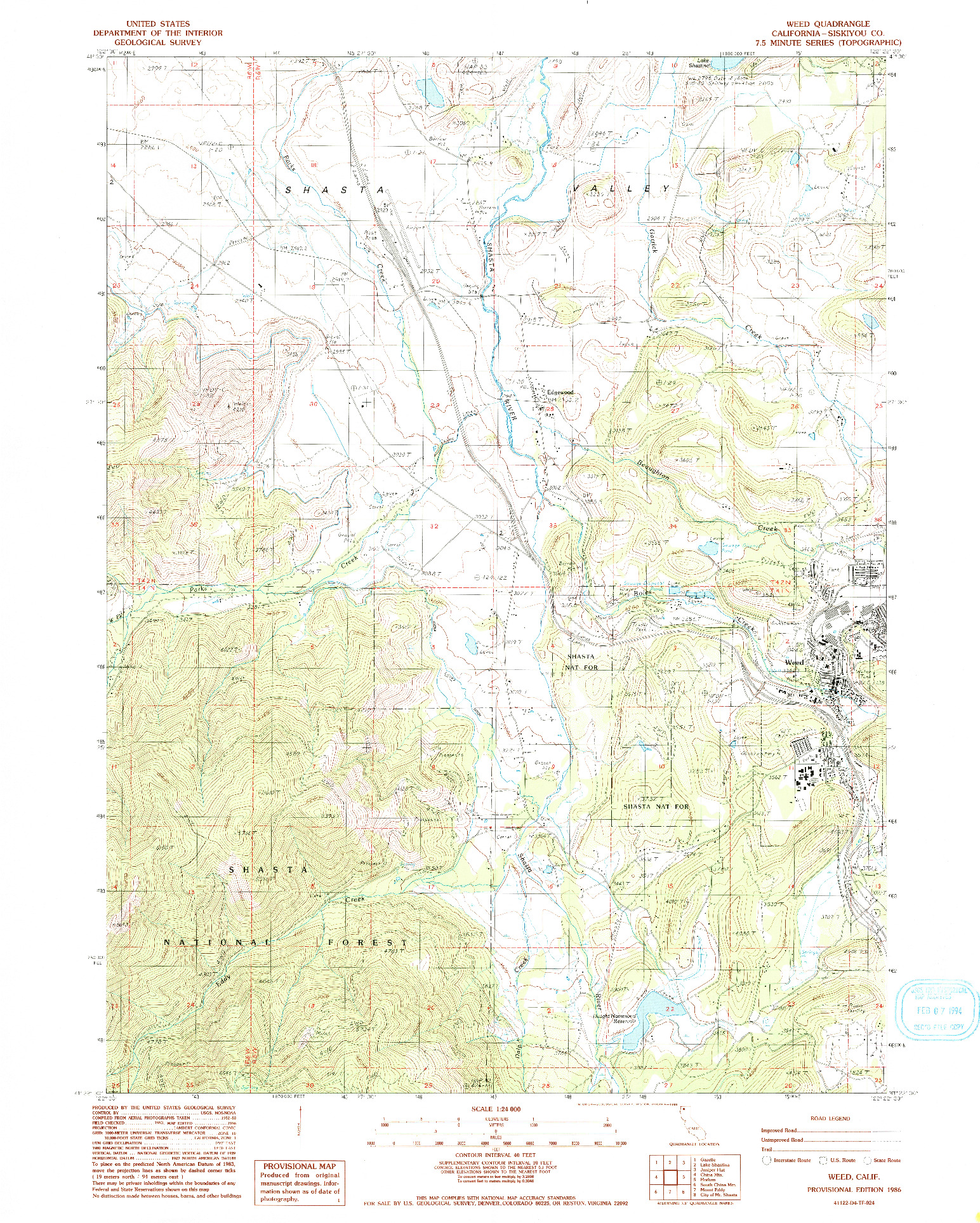 USGS 1:24000-SCALE QUADRANGLE FOR WEED, CA 1986