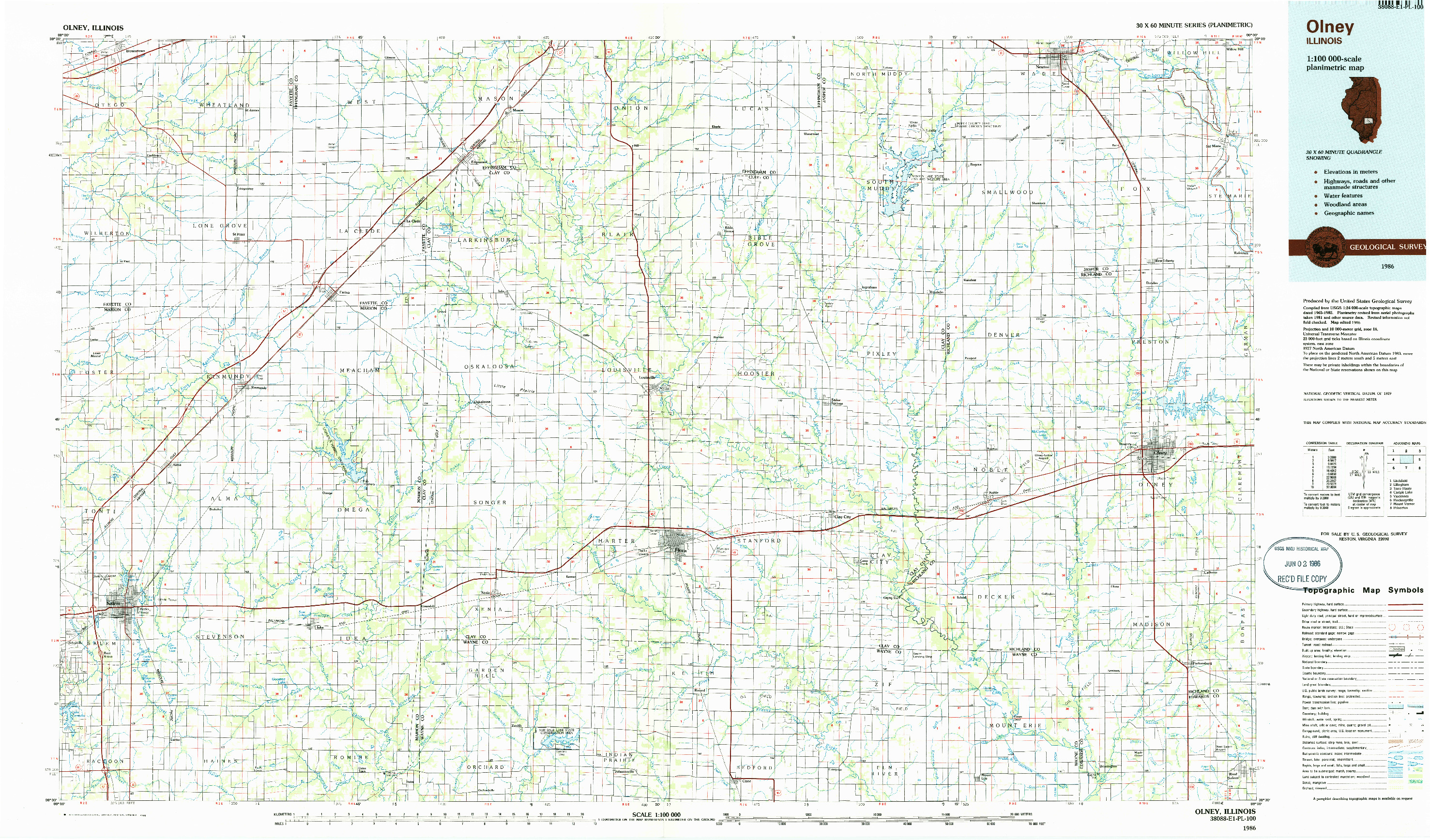 USGS 1:100000-SCALE QUADRANGLE FOR OLNEY, IL 1986