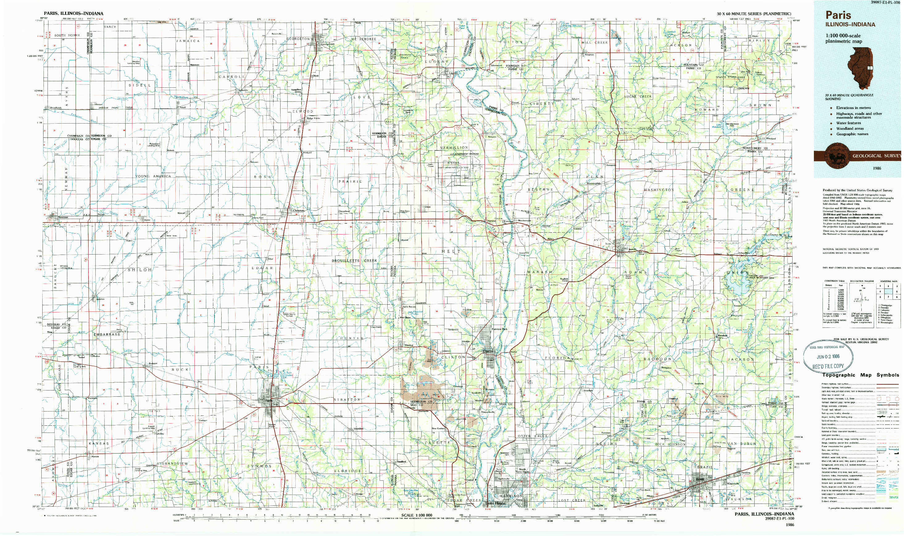 USGS 1:100000-SCALE QUADRANGLE FOR PARIS, IL 1986