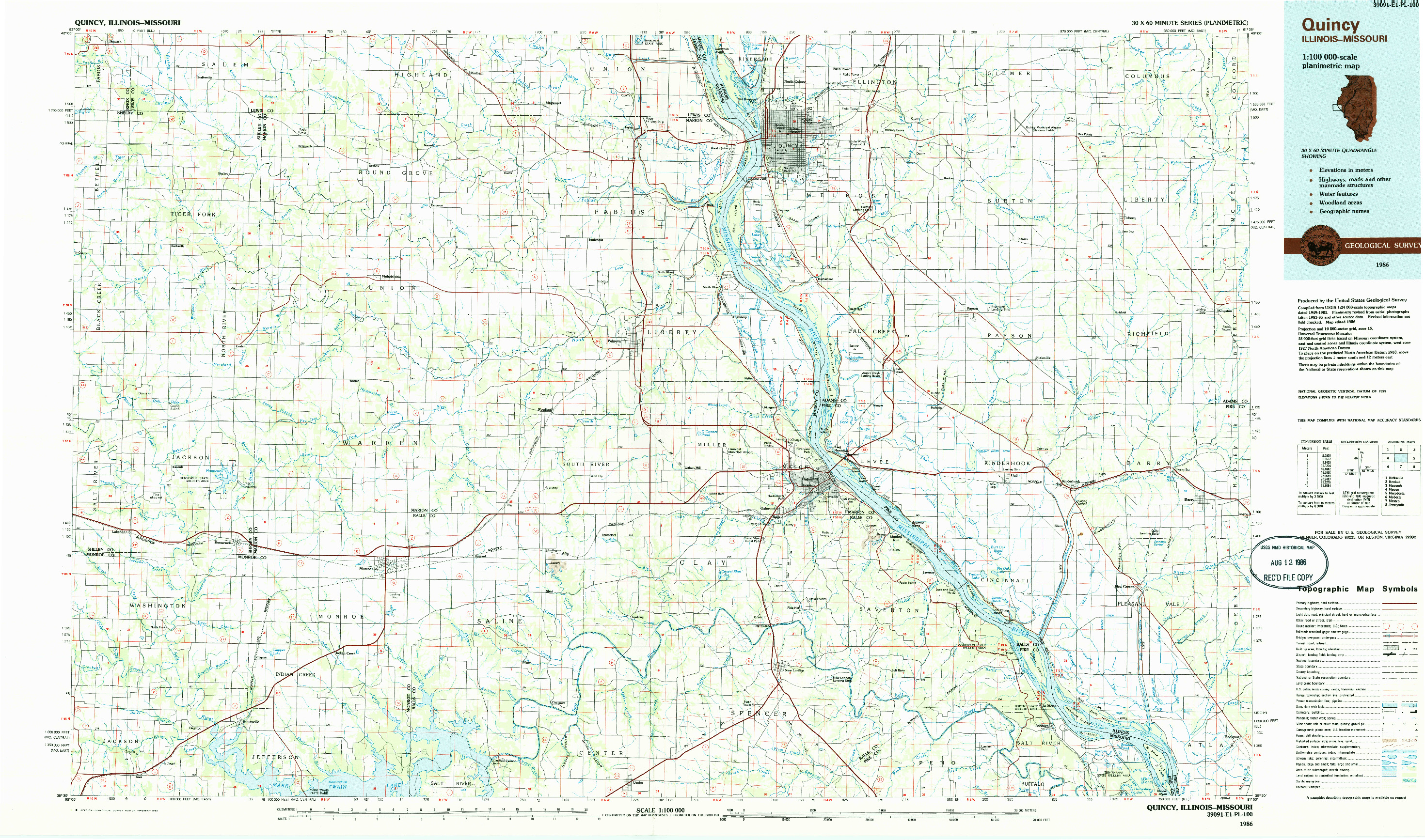 USGS 1:100000-SCALE QUADRANGLE FOR QUINCY, IL 1986