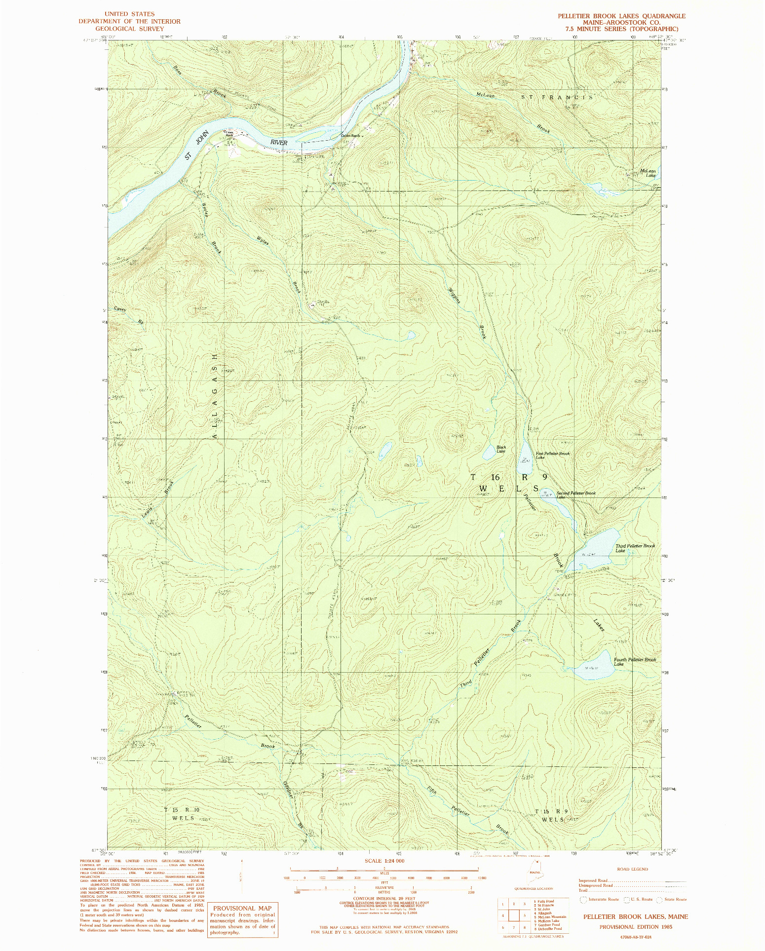 USGS 1:24000-SCALE QUADRANGLE FOR PELLETIER BROOK LAKES, ME 1985