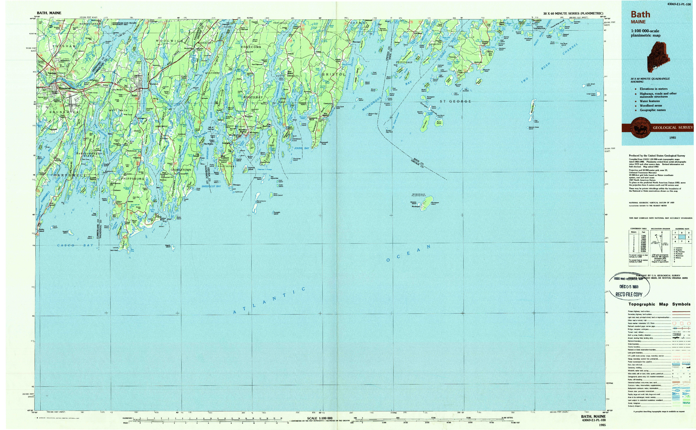 USGS 1:100000-SCALE QUADRANGLE FOR BATH, ME 1985