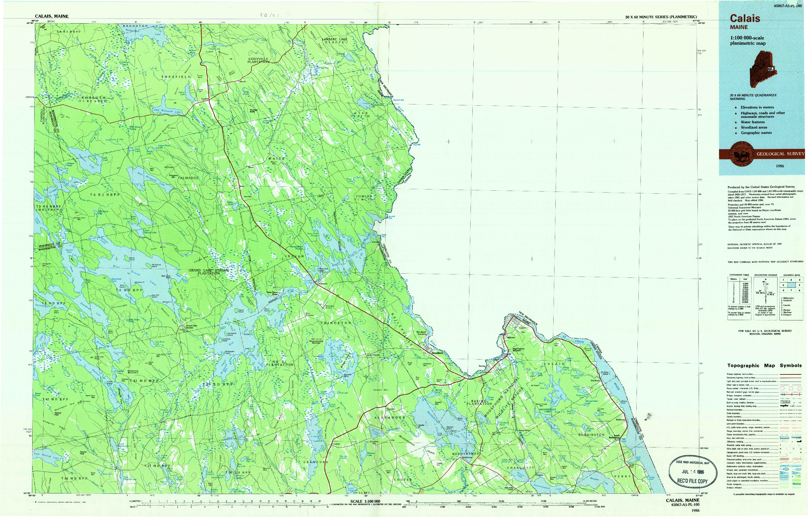 USGS 1:100000-SCALE QUADRANGLE FOR CALAIS, ME 1986