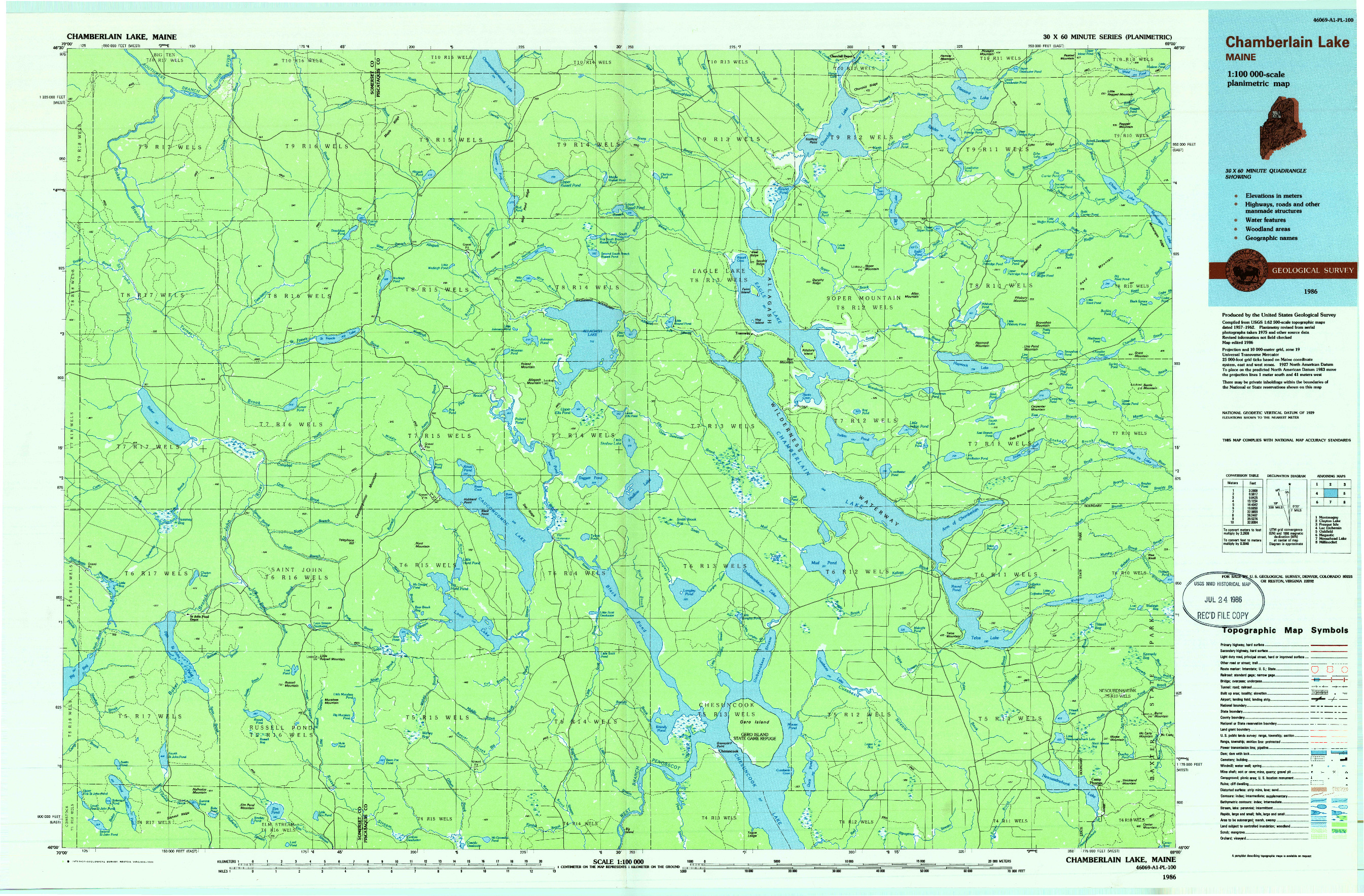 USGS 1:100000-SCALE QUADRANGLE FOR CHAMBERLAIN LAKE, ME 1986