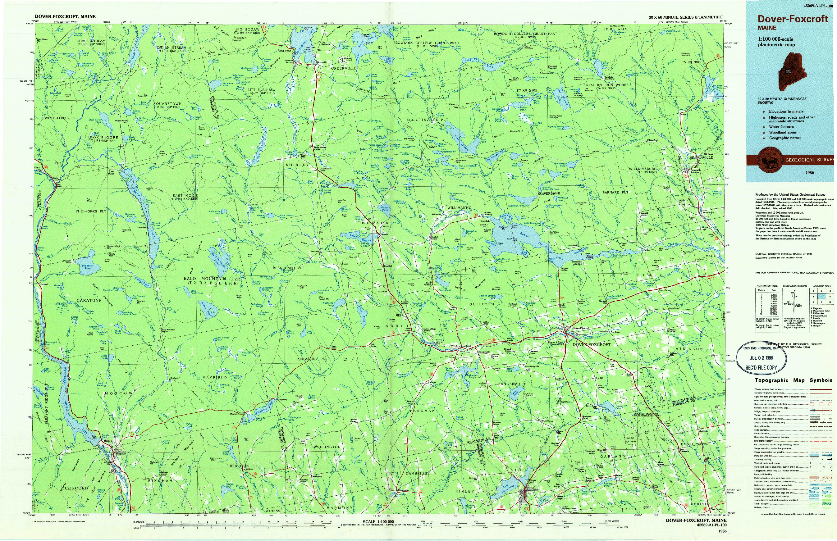 USGS 1:100000-SCALE QUADRANGLE FOR DOVER-FOXCROFT, ME 1986