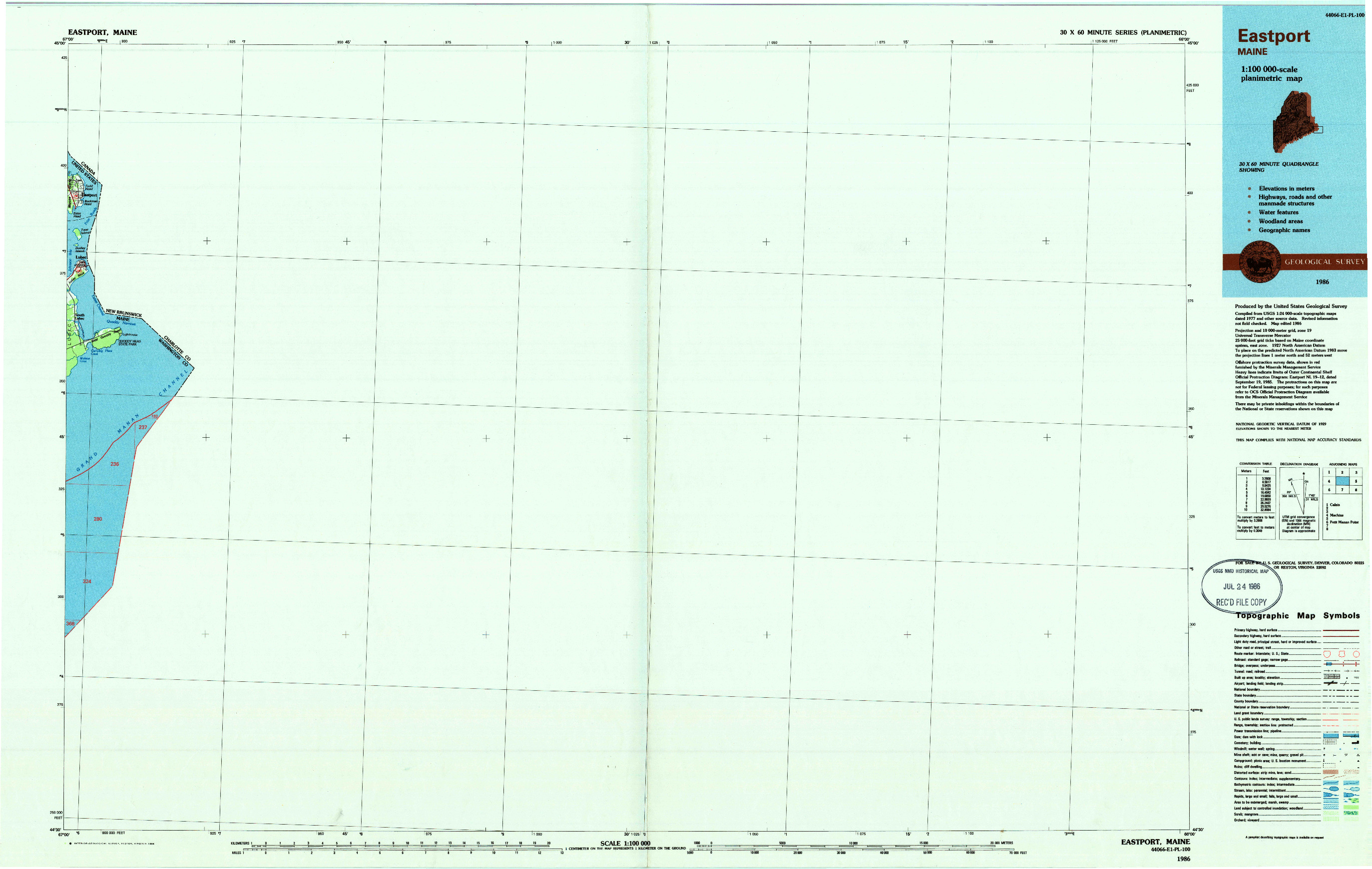 USGS 1:100000-SCALE QUADRANGLE FOR EASTPORT, ME 1986