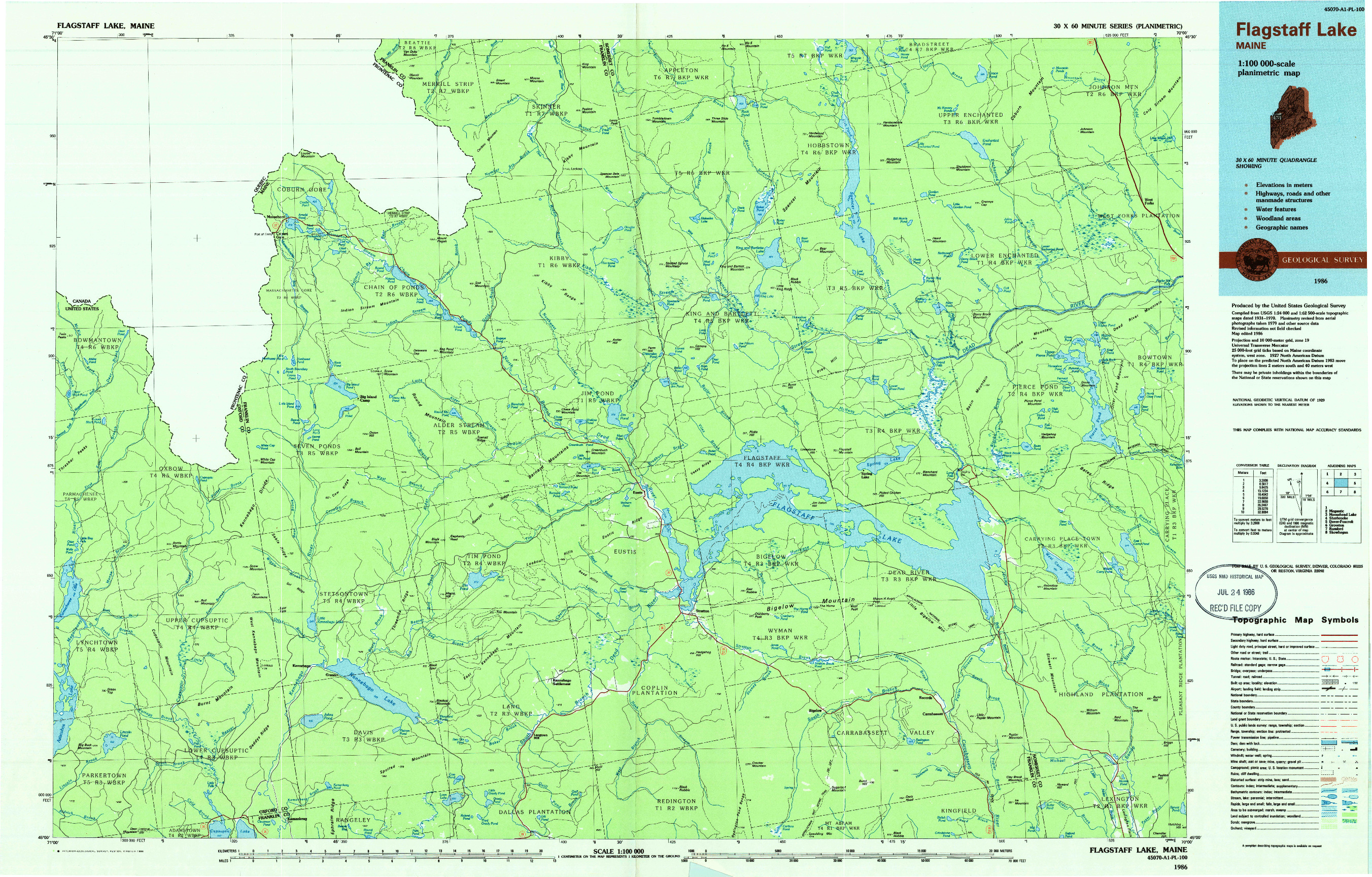 USGS 1:100000-SCALE QUADRANGLE FOR FLAGSTAFF LAKE, ME 1986