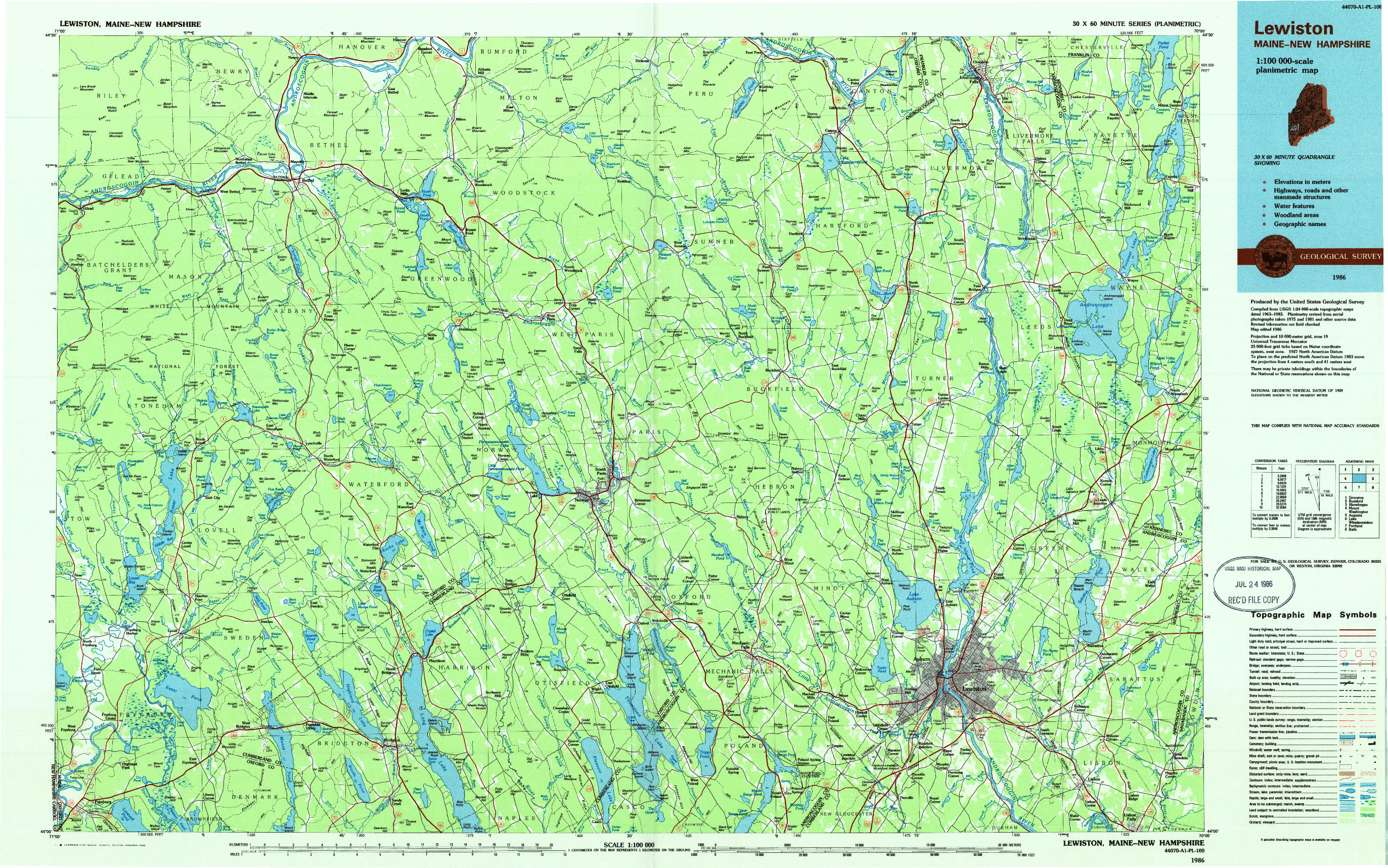 USGS 1:100000-SCALE QUADRANGLE FOR LEWISTON, ME 1986