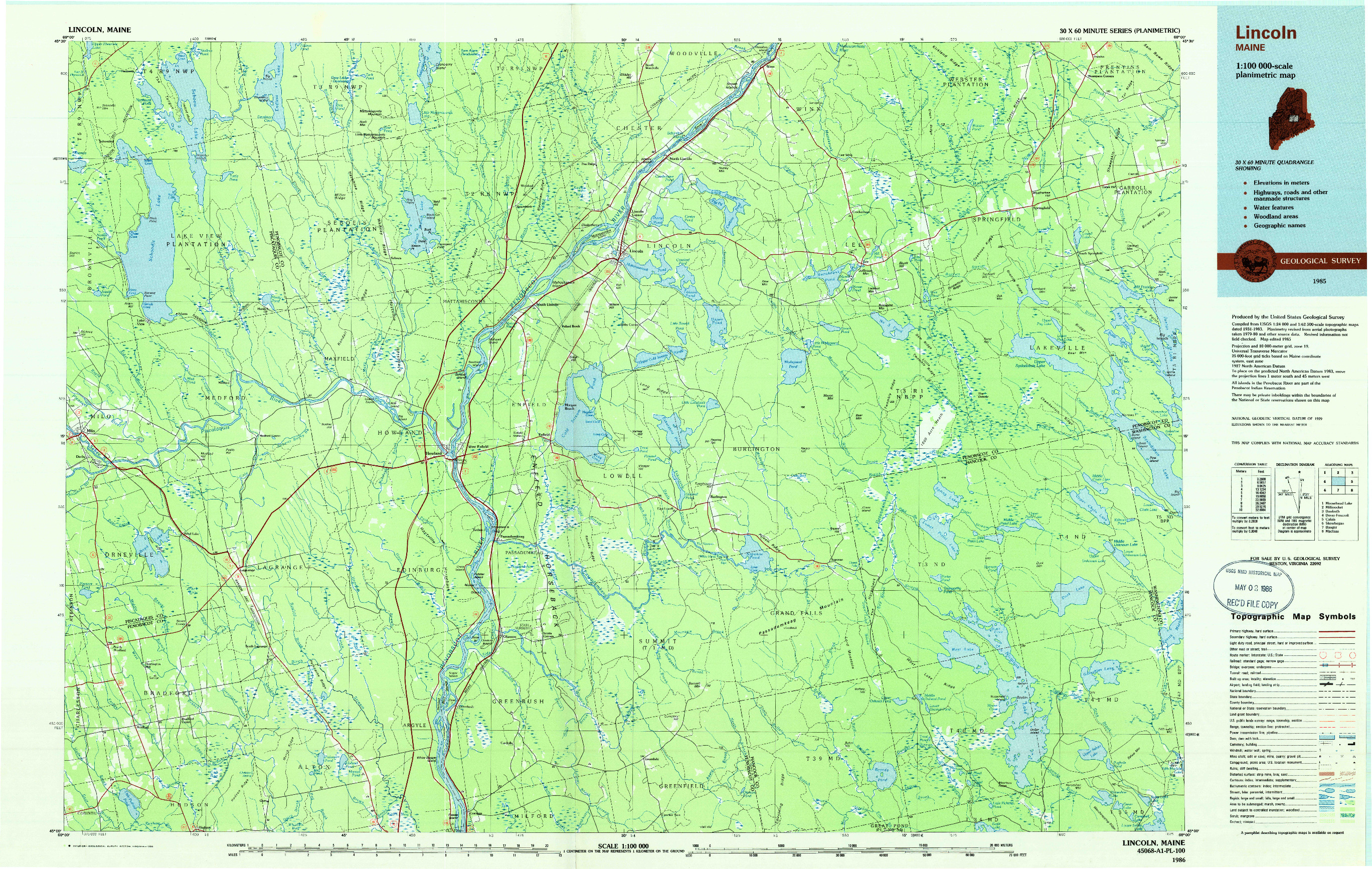 USGS 1:100000-SCALE QUADRANGLE FOR LINCOLN, ME 1986