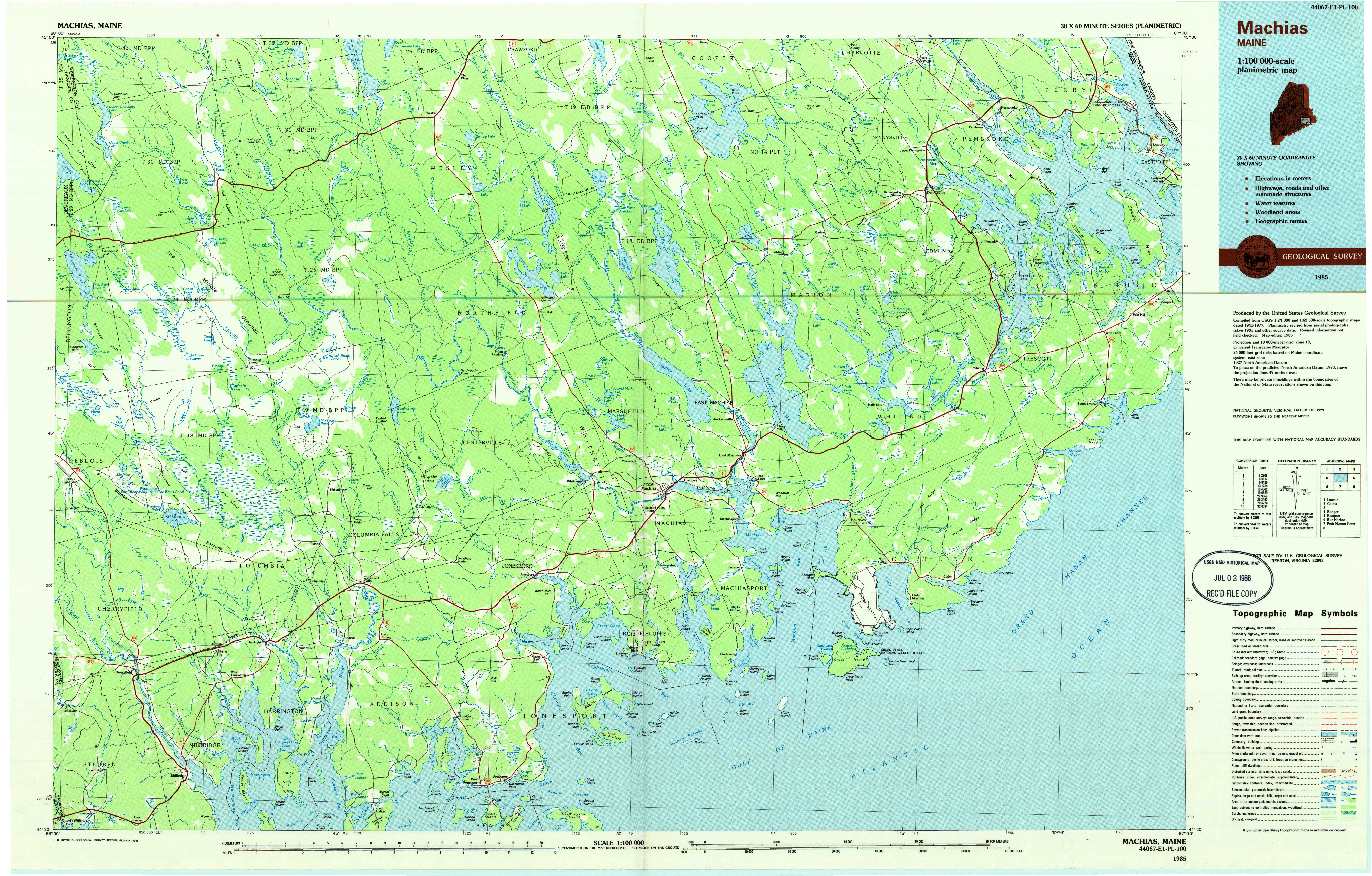 USGS 1:100000-SCALE QUADRANGLE FOR MACHIAS, ME 1985