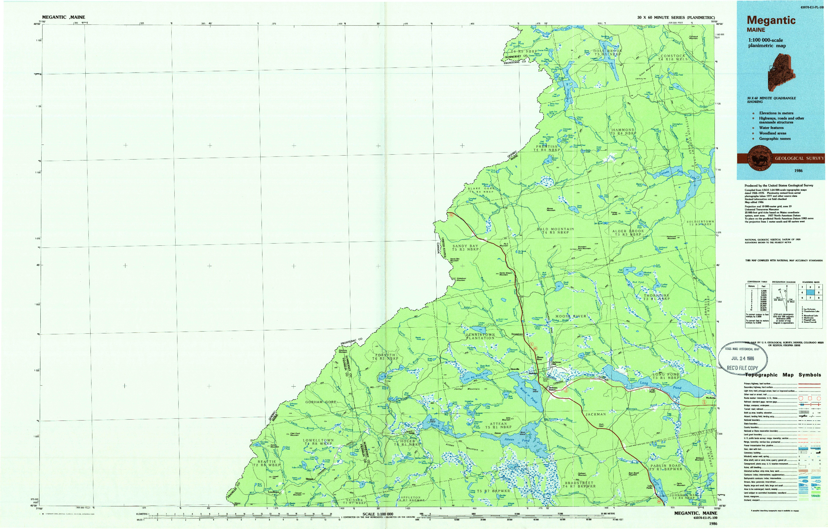 USGS 1:100000-SCALE QUADRANGLE FOR MEGANTIC, ME 1986