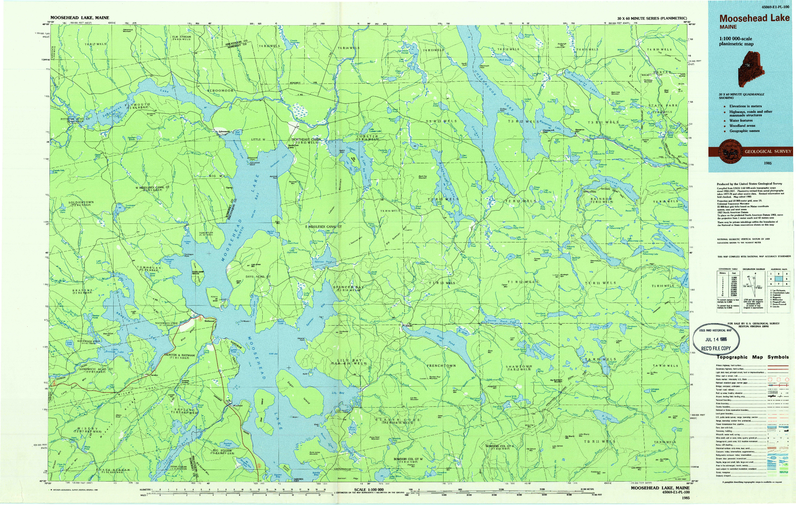 USGS 1:100000-SCALE QUADRANGLE FOR MOOSEHEAD LAKE, ME 1985