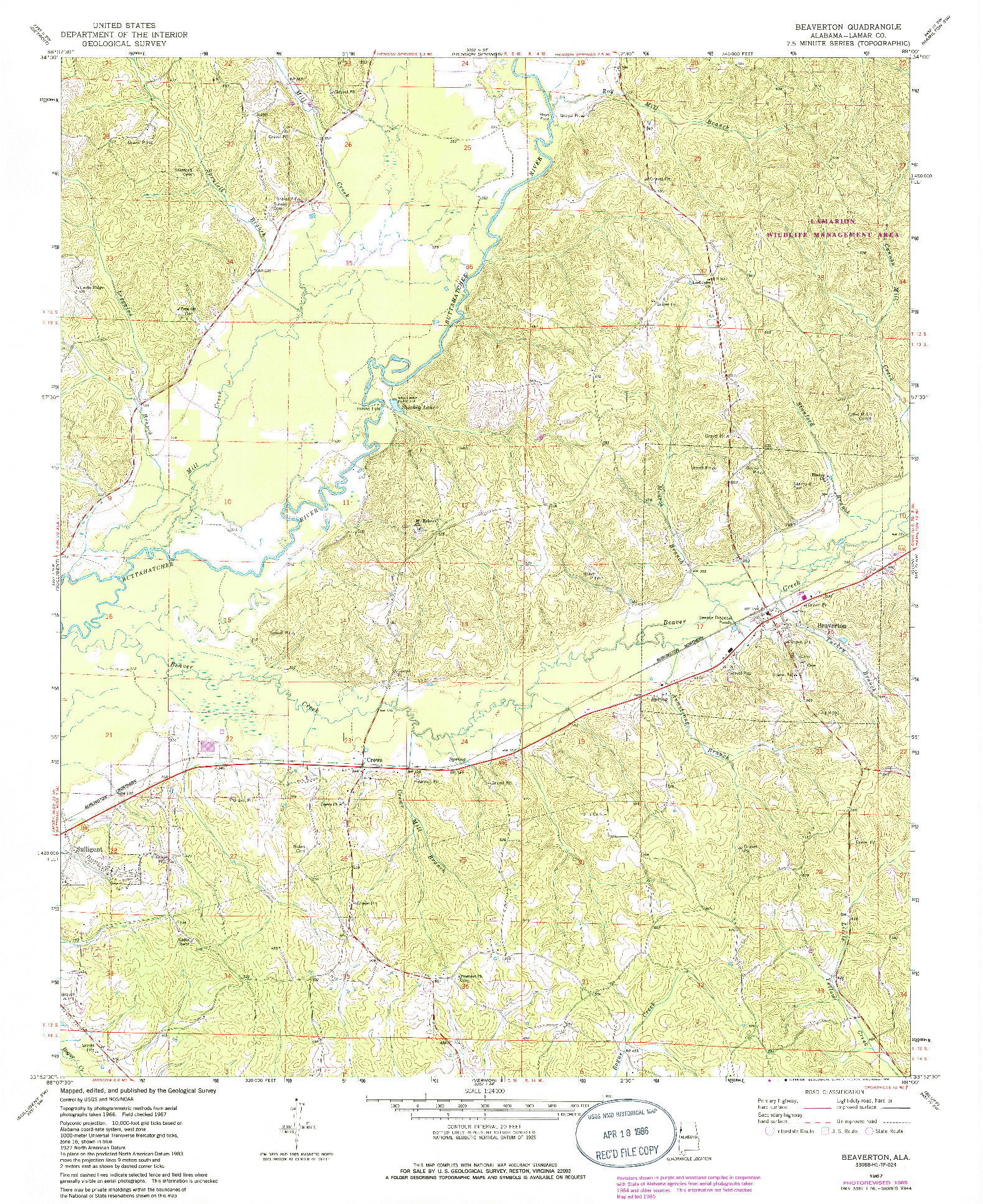 USGS 1:24000-SCALE QUADRANGLE FOR BEAVERTON, AL 1967