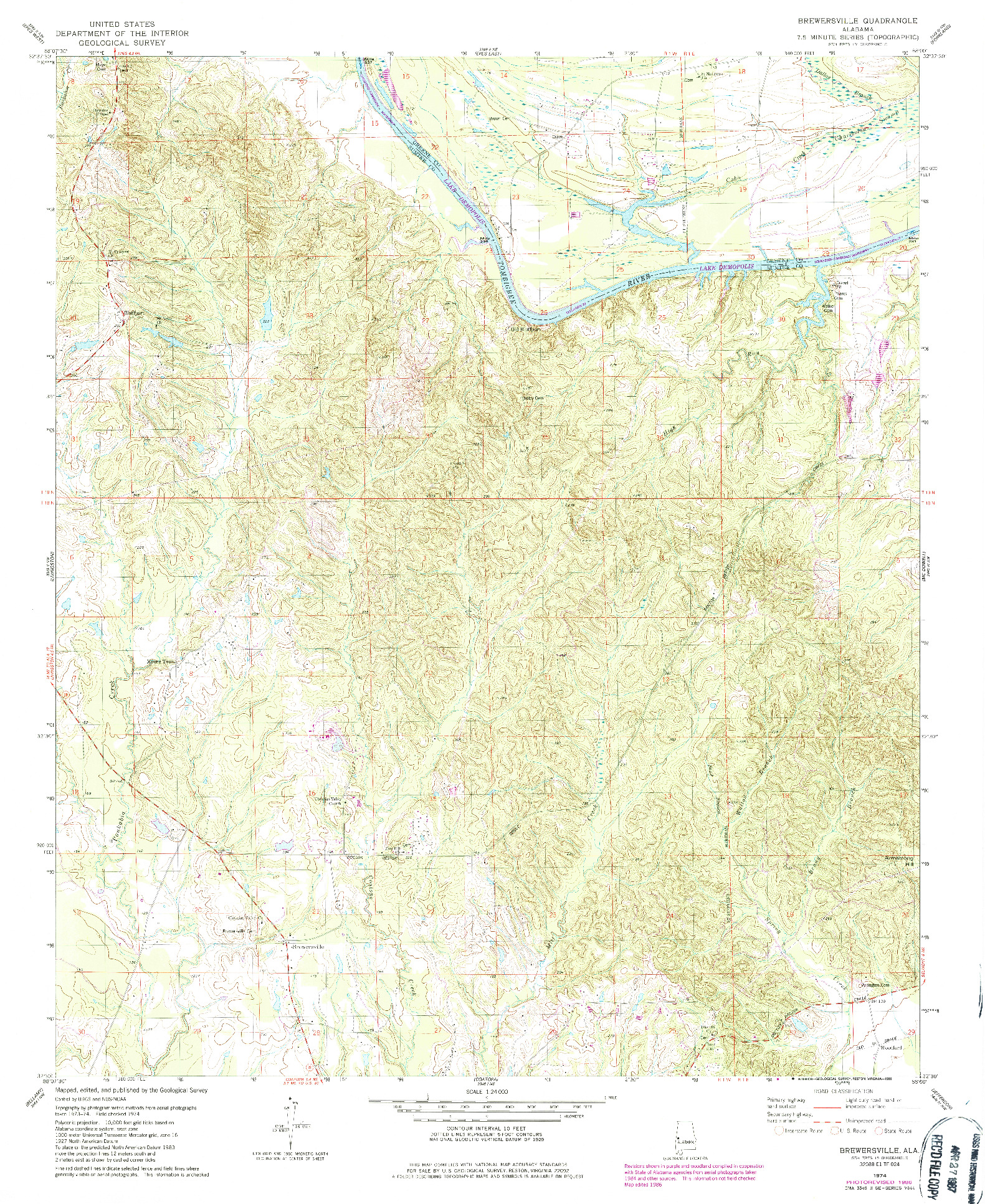 USGS 1:24000-SCALE QUADRANGLE FOR BREWERSVILLE, AL 1974