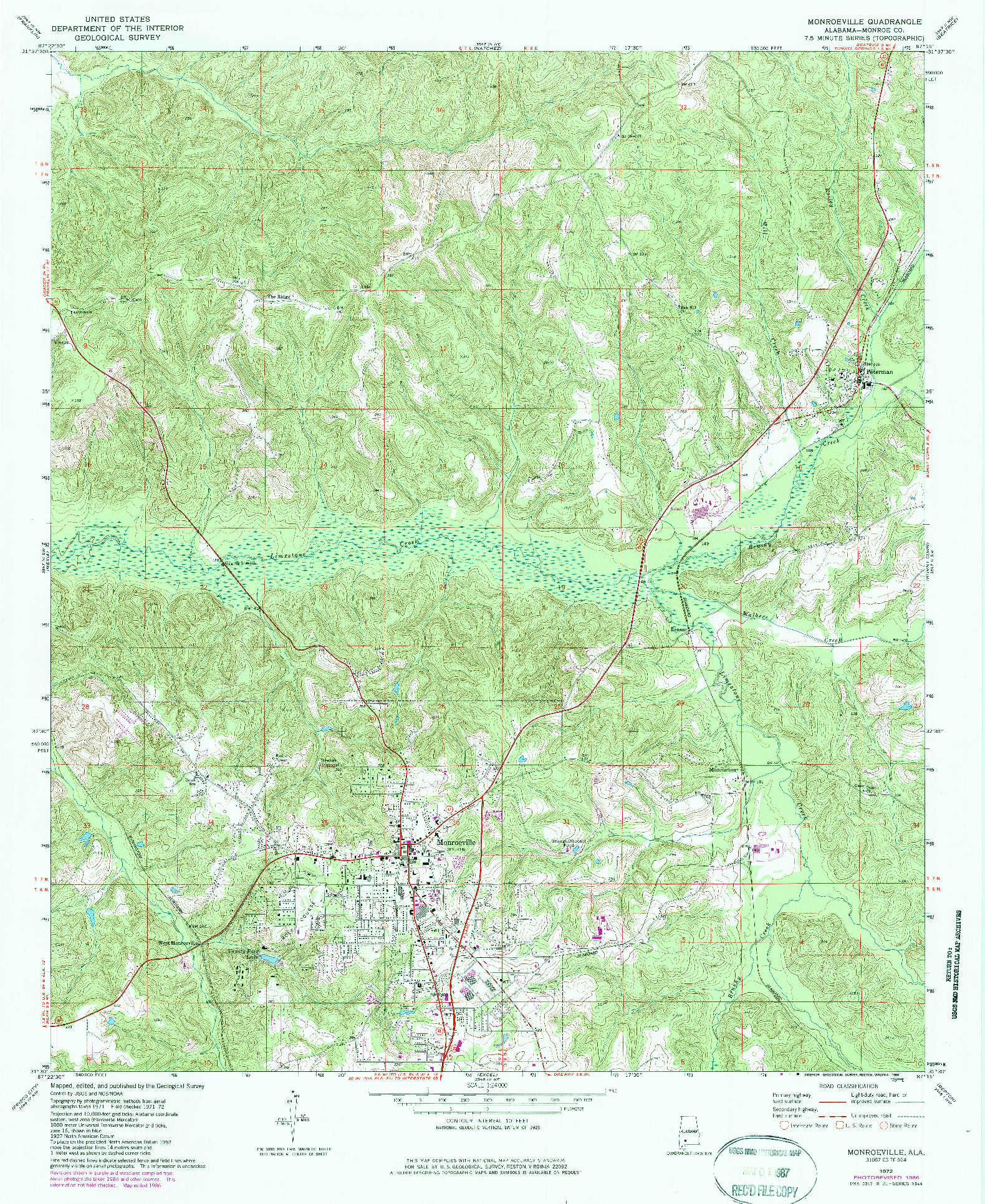 USGS 1:24000-SCALE QUADRANGLE FOR MONROEVILLE, AL 1972