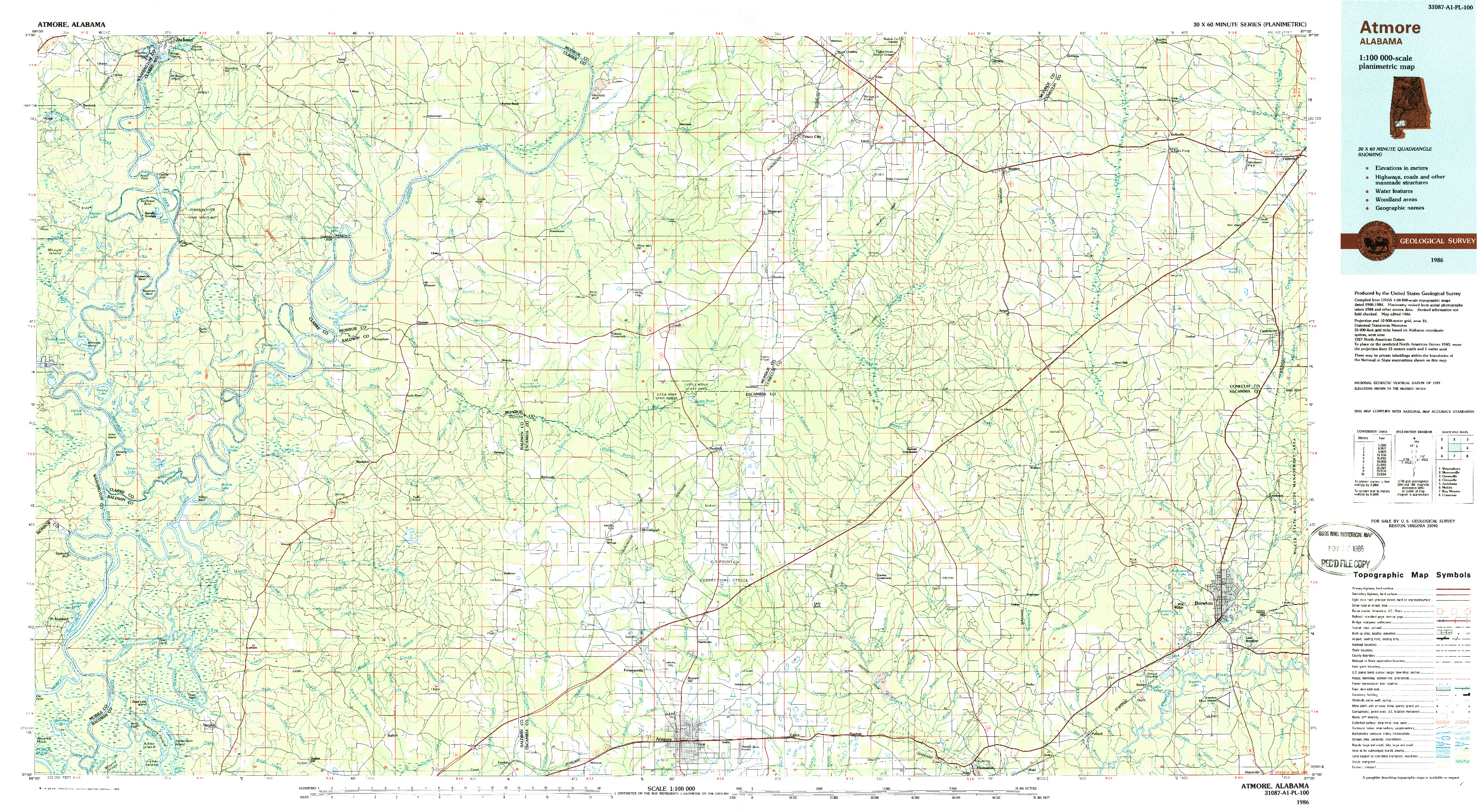 USGS 1:100000-SCALE QUADRANGLE FOR ATMORE, AL 1986