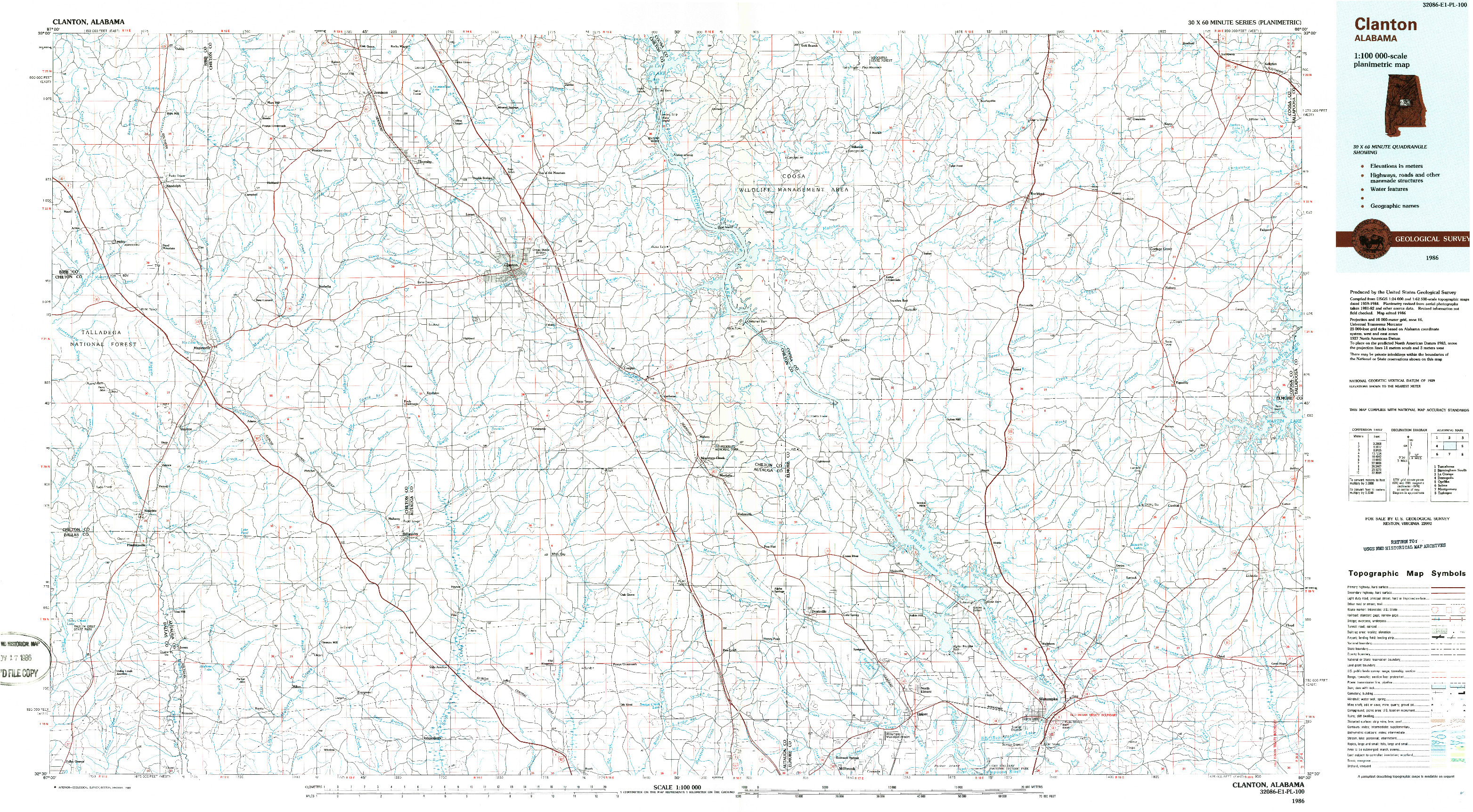 USGS 1:100000-SCALE QUADRANGLE FOR CLANTON, AL 1986