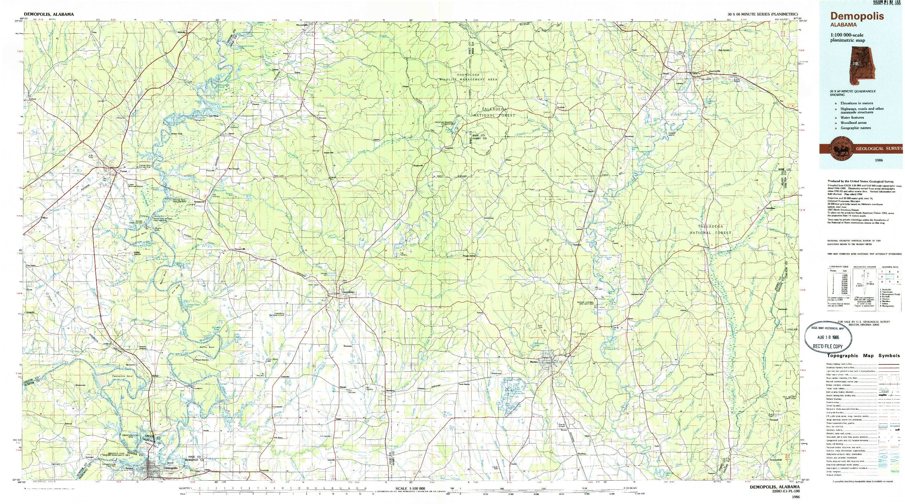 USGS 1:100000-SCALE QUADRANGLE FOR DEMOPOLIS, AL 1986