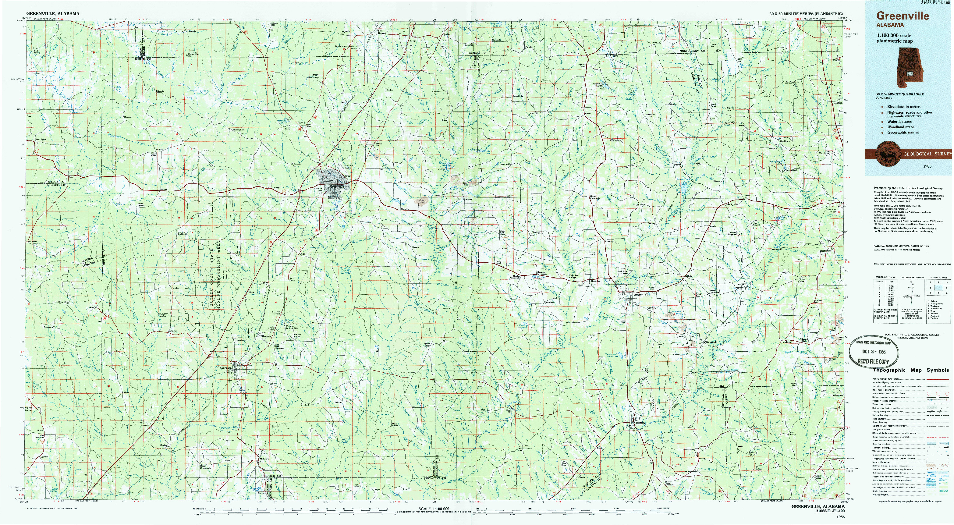 USGS 1:100000-SCALE QUADRANGLE FOR GREENVILLE, AL 1986