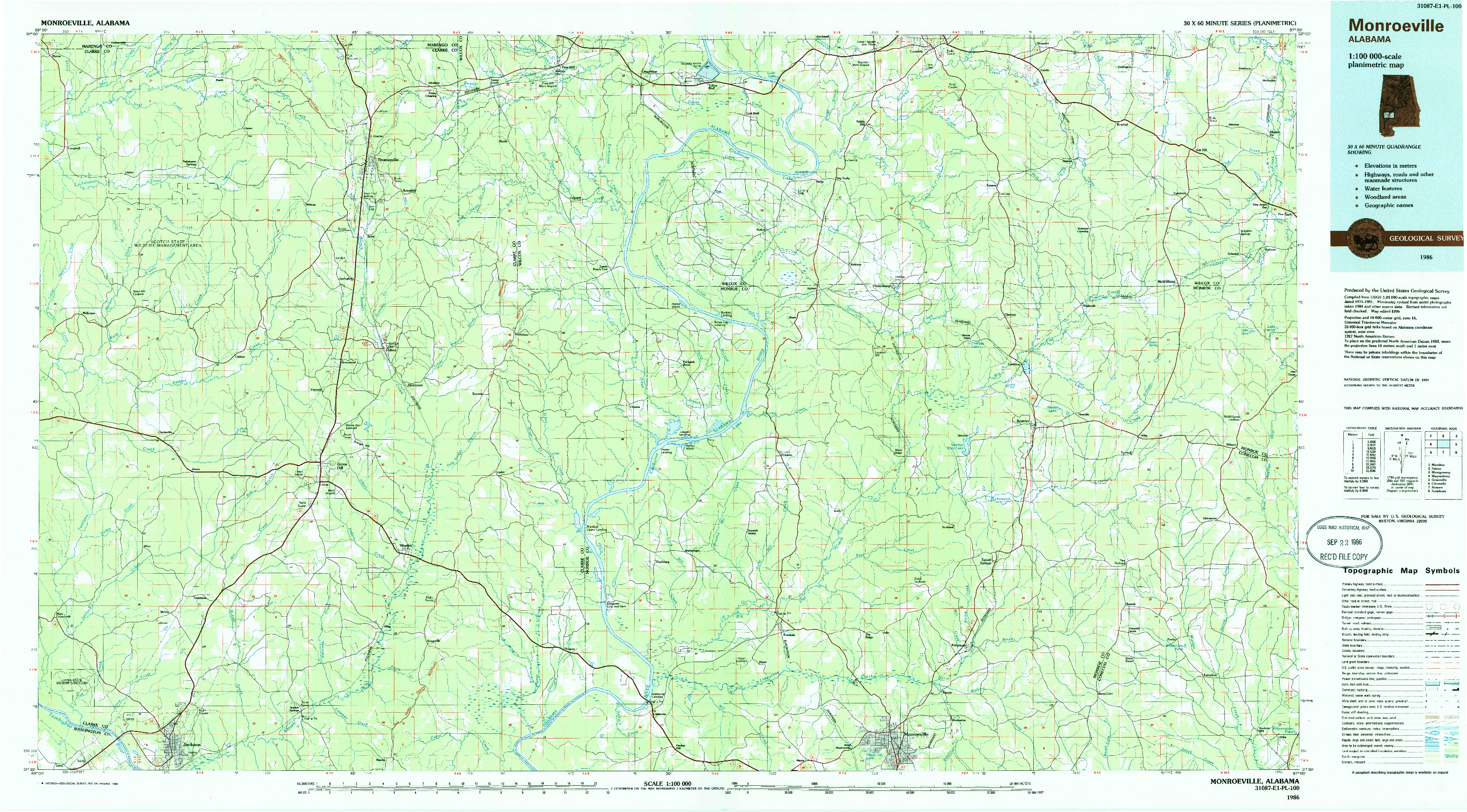 USGS 1:100000-SCALE QUADRANGLE FOR MONROEVILLE, AL 1986