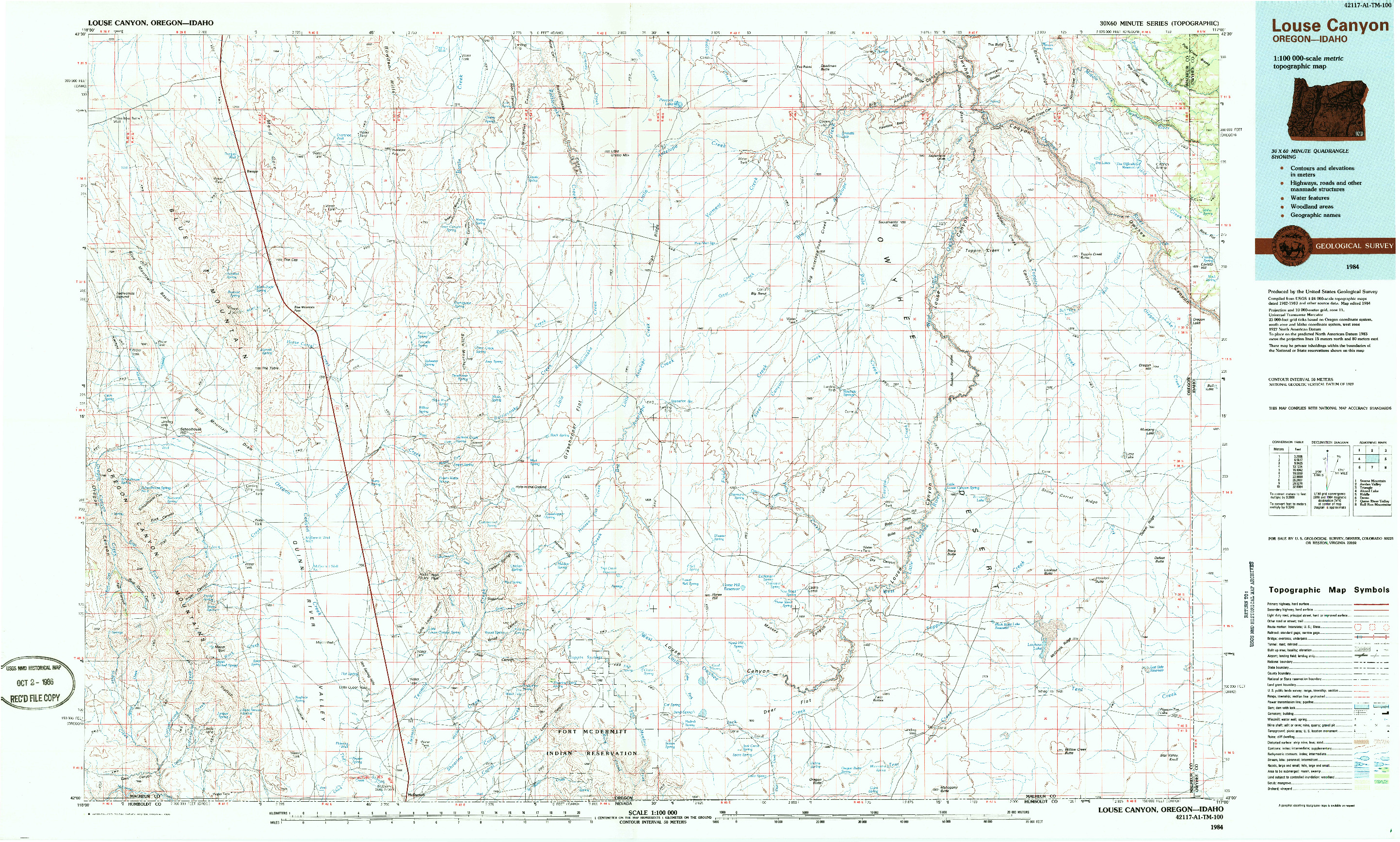 USGS 1:100000-SCALE QUADRANGLE FOR LOUSE CANYON, OR 1984