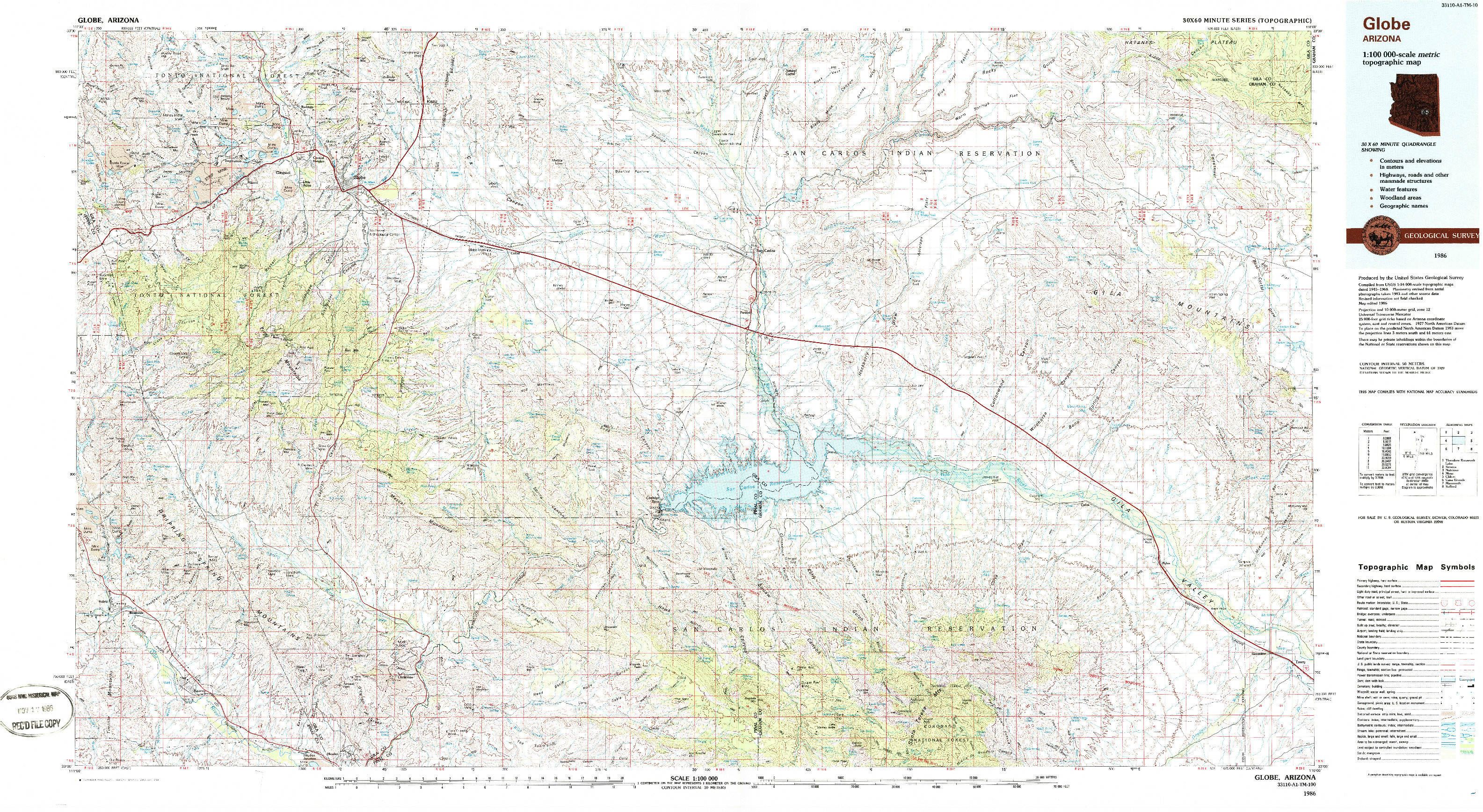 USGS 1:100000-SCALE QUADRANGLE FOR GLOBE, AZ 1986