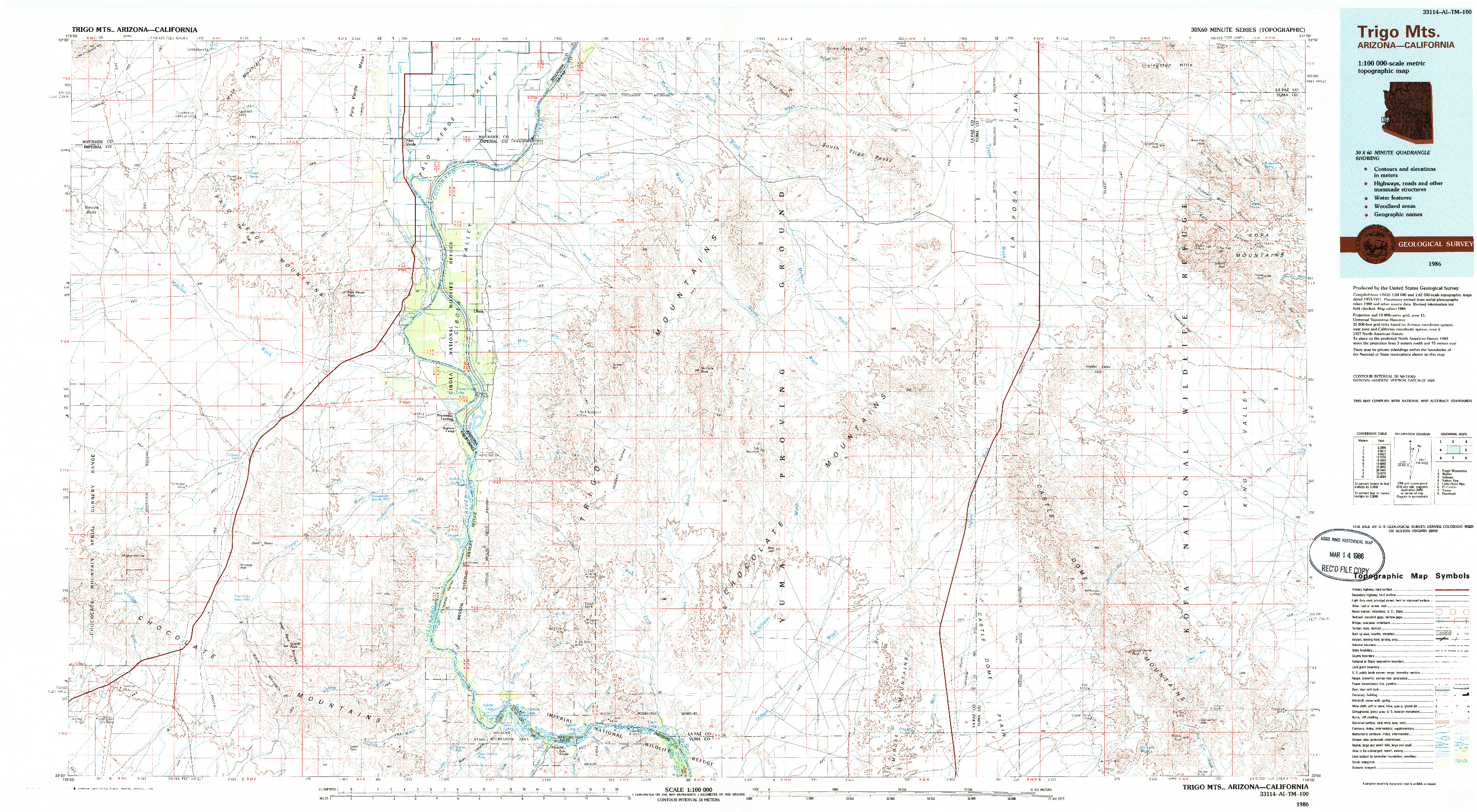 USGS 1:100000-SCALE QUADRANGLE FOR TRIGO MTS, AZ 1986