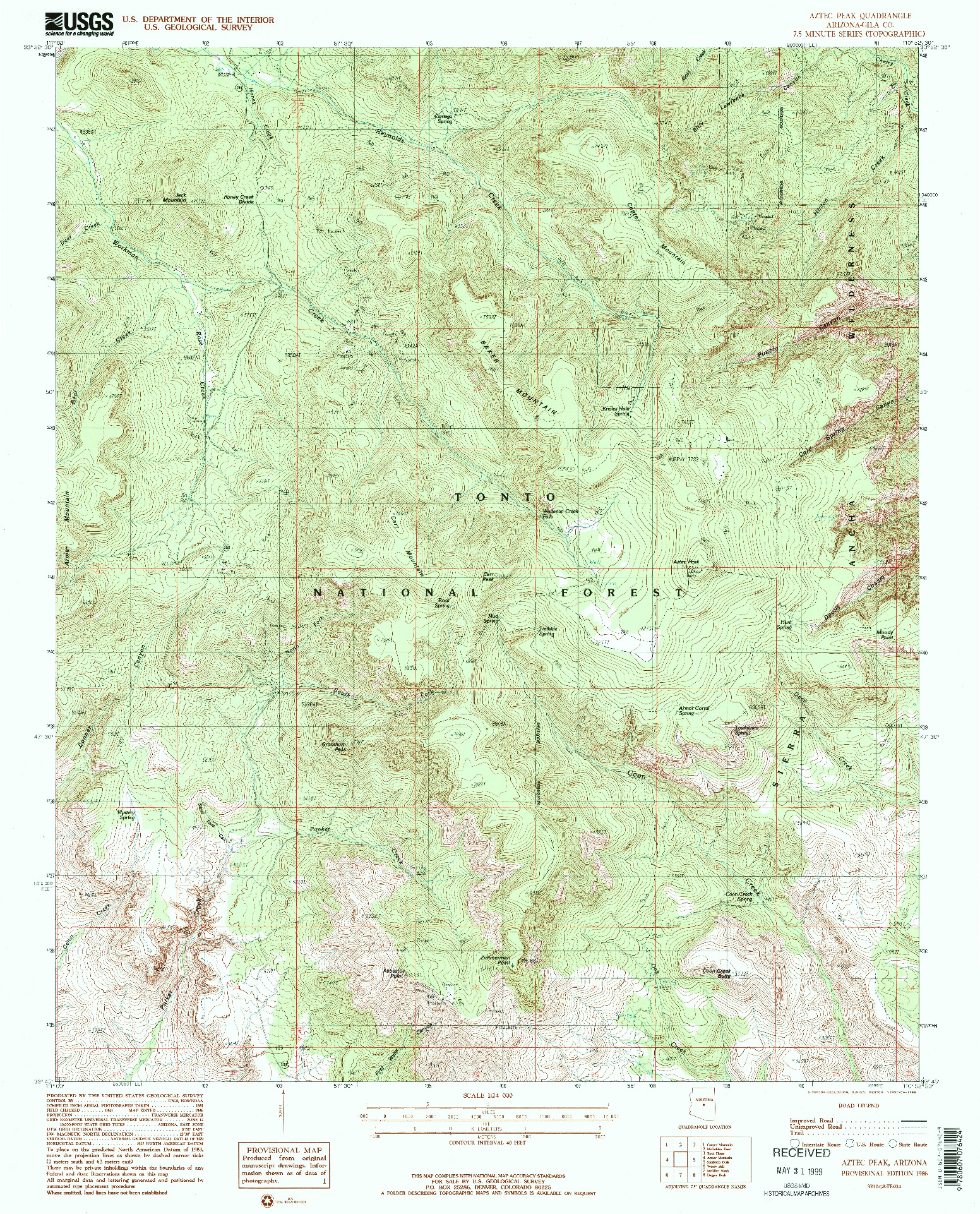 USGS 1:24000-SCALE QUADRANGLE FOR AZTEC PEAK, AZ 1986